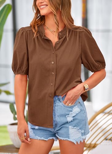 PRETTYGARDEN Women's Summer Tops Button Down Shirts Short Lantern Sleeve V Neck Cotton Cute Dressy Casual Blouses - Image 93