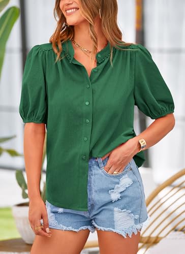PRETTYGARDEN Women's Summer Tops Button Down Shirts Short Lantern Sleeve V Neck Cotton Cute Dressy Casual Blouses - Image 96