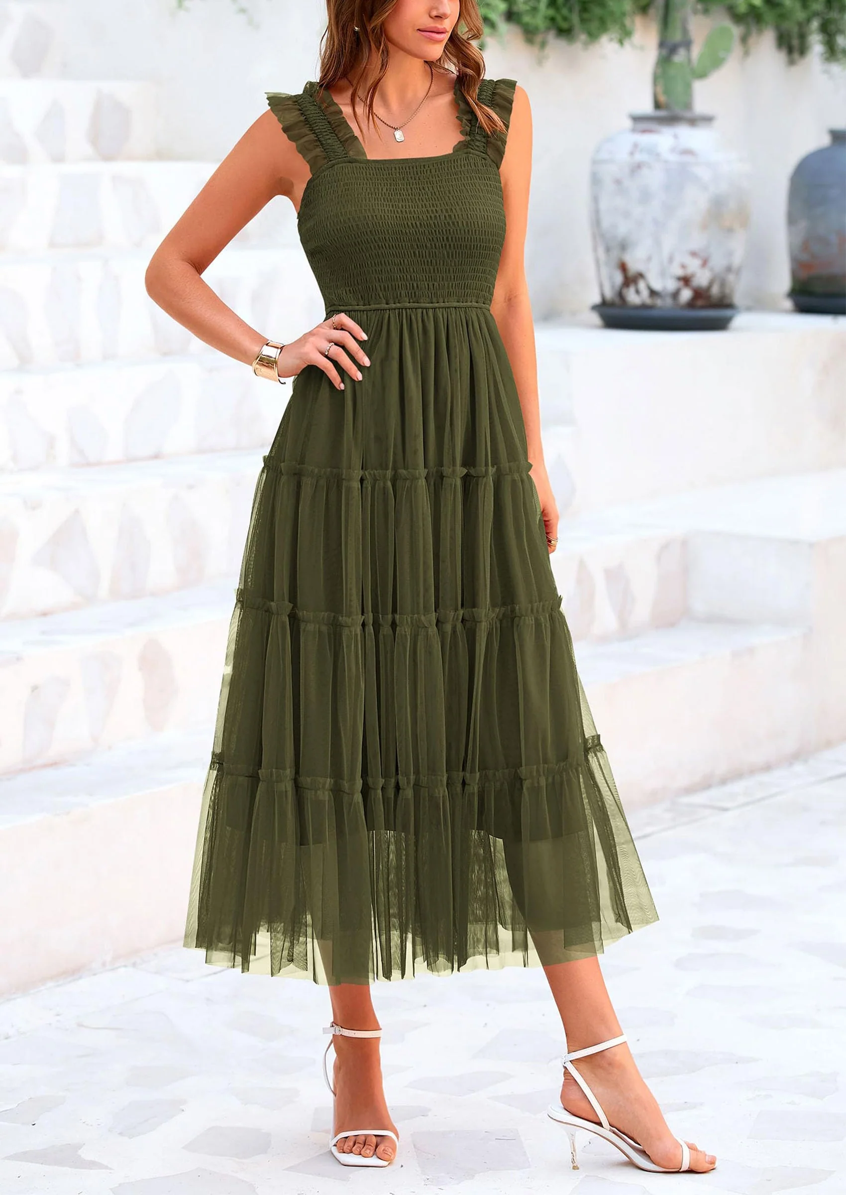 PRETTYGARDEN Women's Tulle Midi Dress Sleeveless Smocked Ruffle Mesh Flowy Dresses Party Wedding Guest Sundress - Image 24