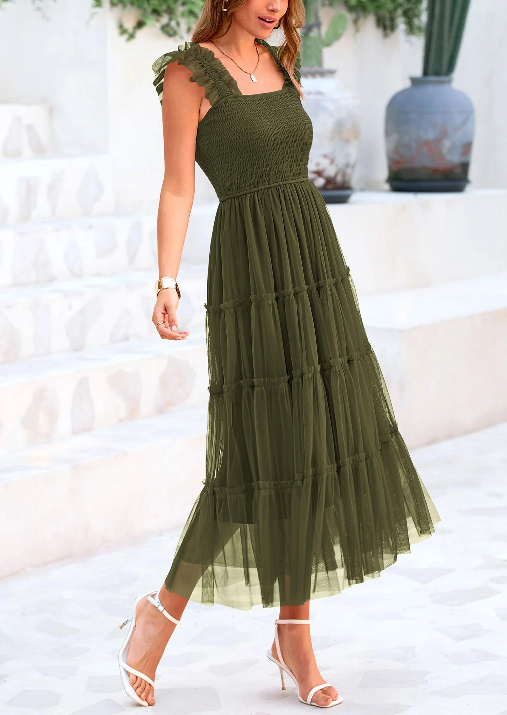 PRETTYGARDEN Women's Tulle Midi Dress Sleeveless Smocked Ruffle Mesh Flowy Dresses Party Wedding Guest Sundress - Image 25