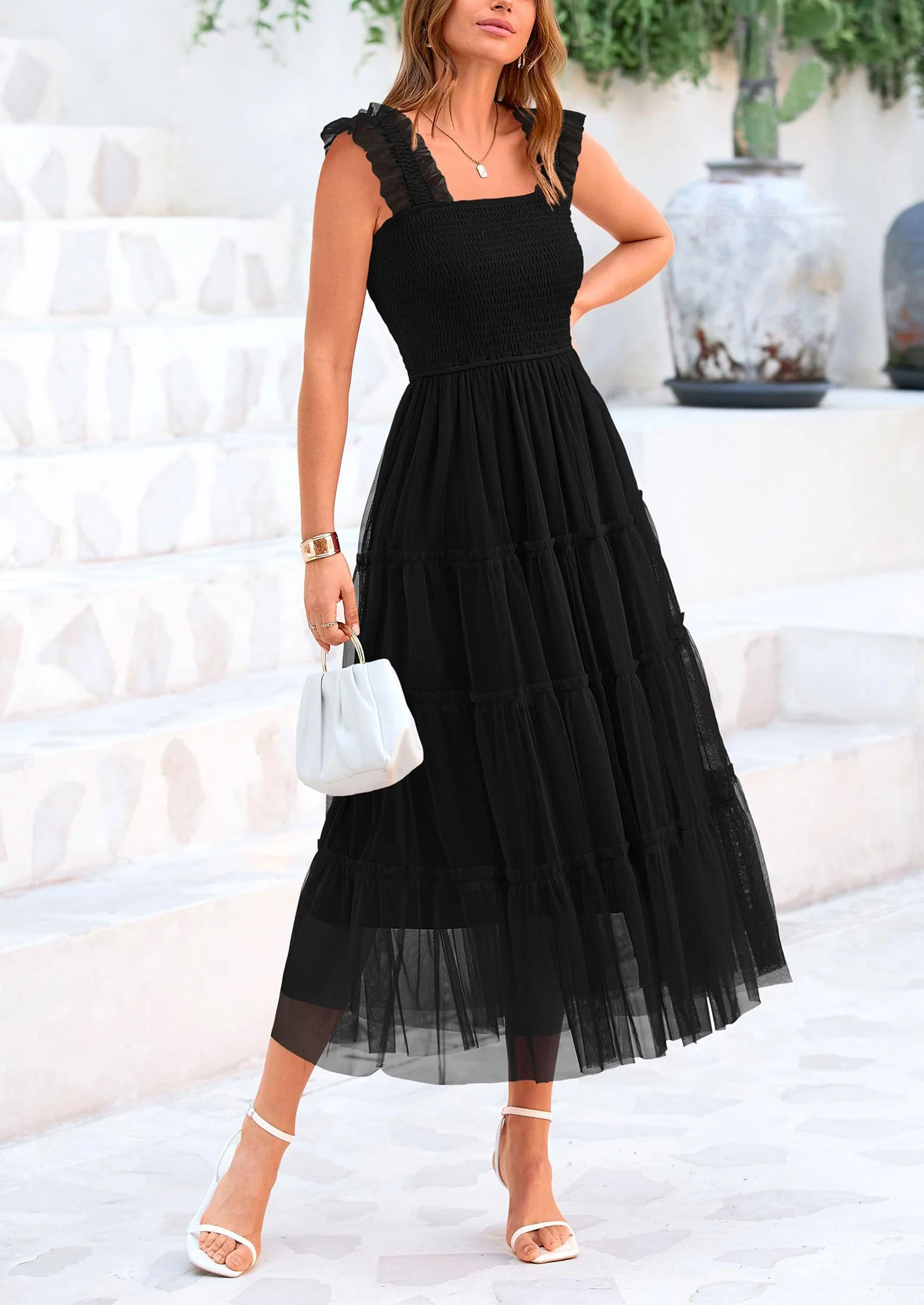 PRETTYGARDEN Women's Tulle Midi Dress Sleeveless Smocked Ruffle Mesh Flowy Dresses Party Wedding Guest Sundress - Image 33