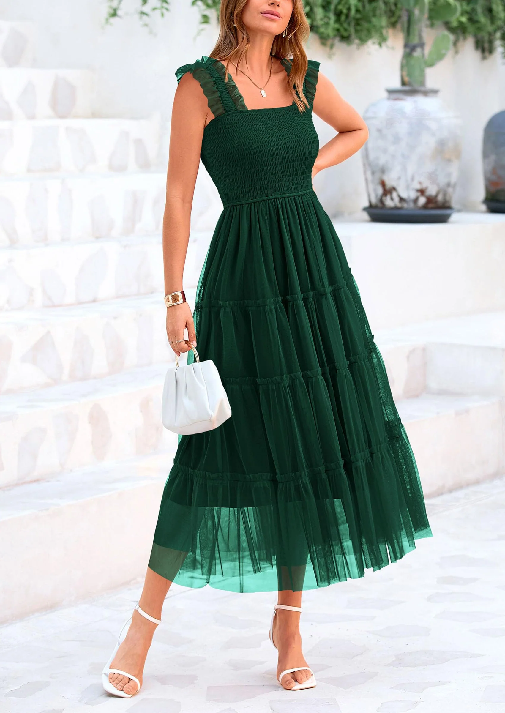 PRETTYGARDEN Women's Tulle Midi Dress Sleeveless Smocked Ruffle Mesh Flowy Dresses Party Wedding Guest Sundress - Image 43