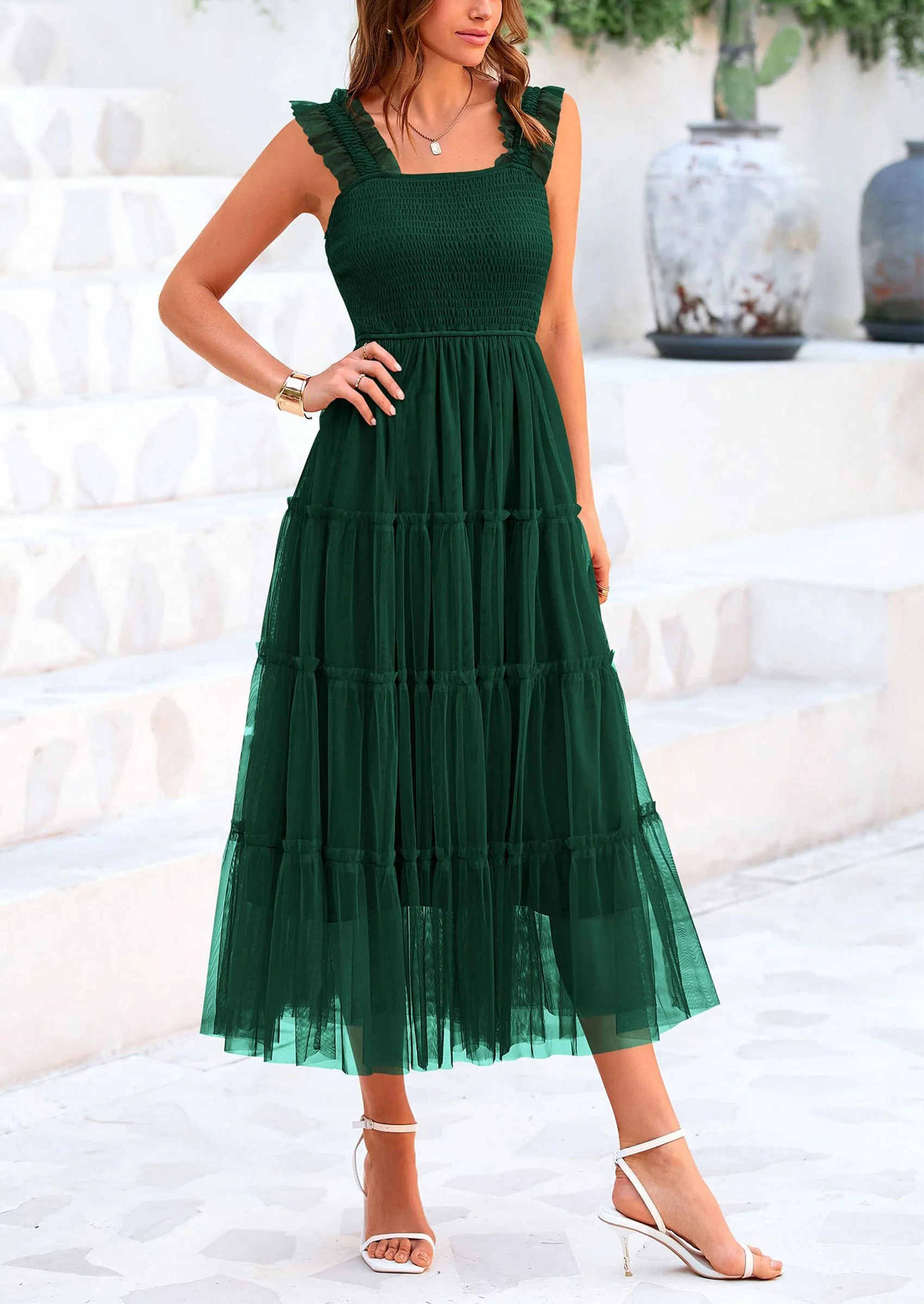 PRETTYGARDEN Women's Tulle Midi Dress Sleeveless Smocked Ruffle Mesh Flowy Dresses Party Wedding Guest Sundress - Image 45