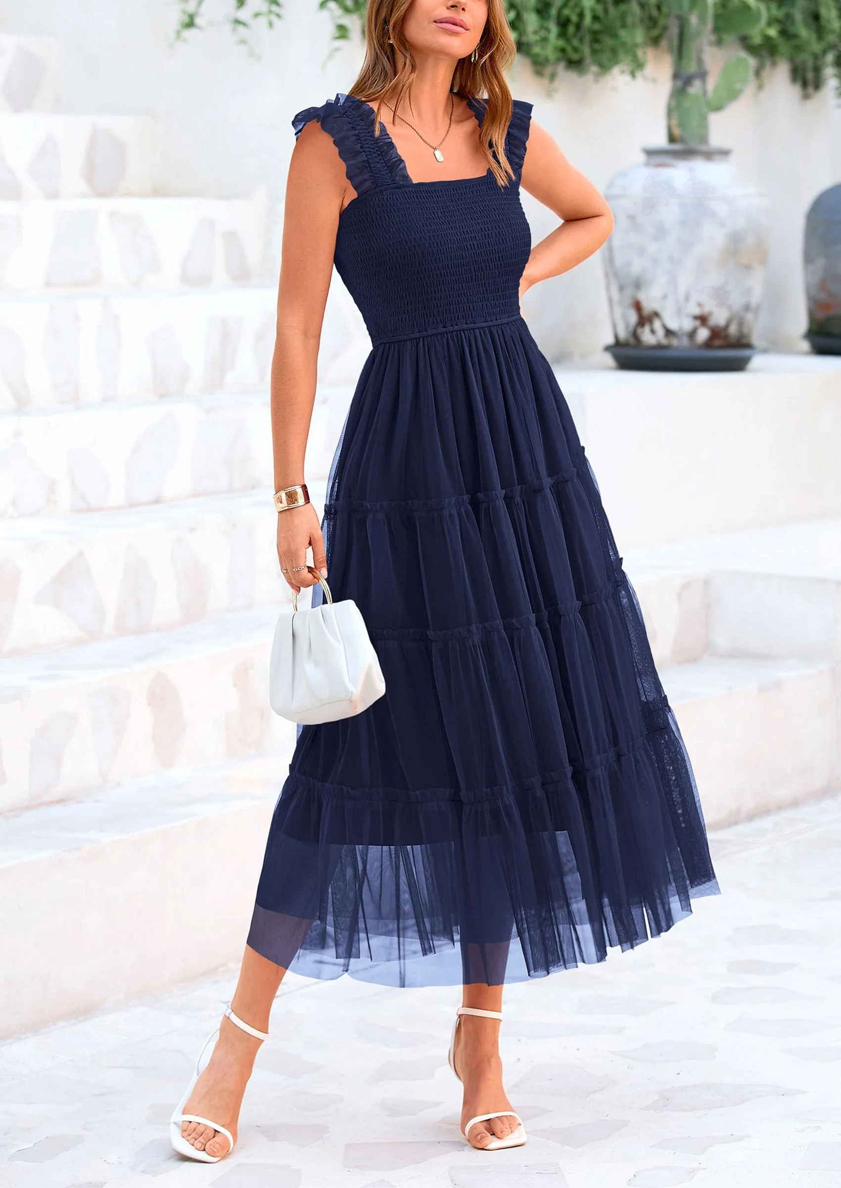 PRETTYGARDEN Women's Tulle Midi Dress Sleeveless Smocked Ruffle Mesh Flowy Dresses Party Wedding Guest Sundress - Image 61