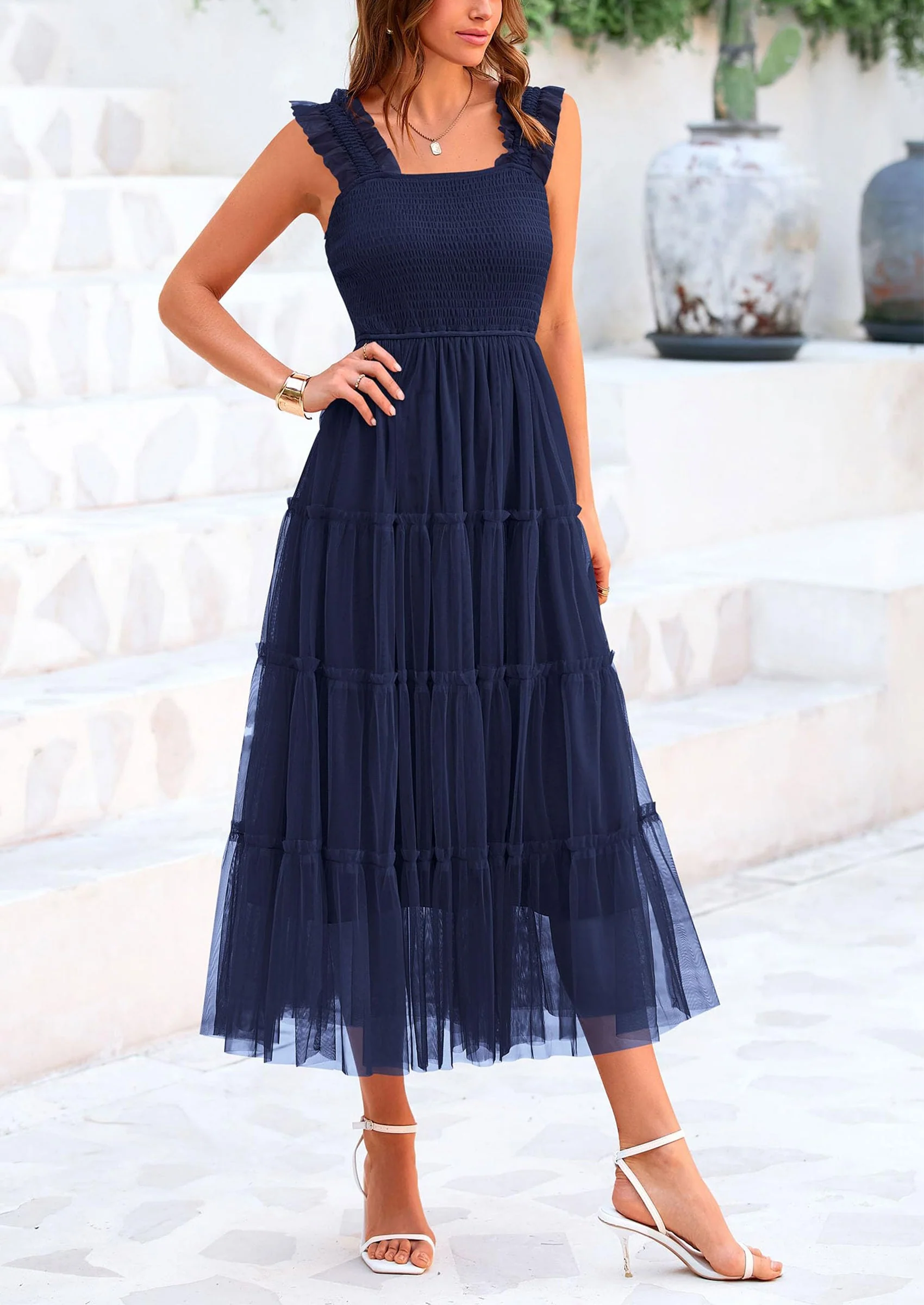 PRETTYGARDEN Women's Tulle Midi Dress Sleeveless Smocked Ruffle Mesh Flowy Dresses Party Wedding Guest Sundress - Image 63