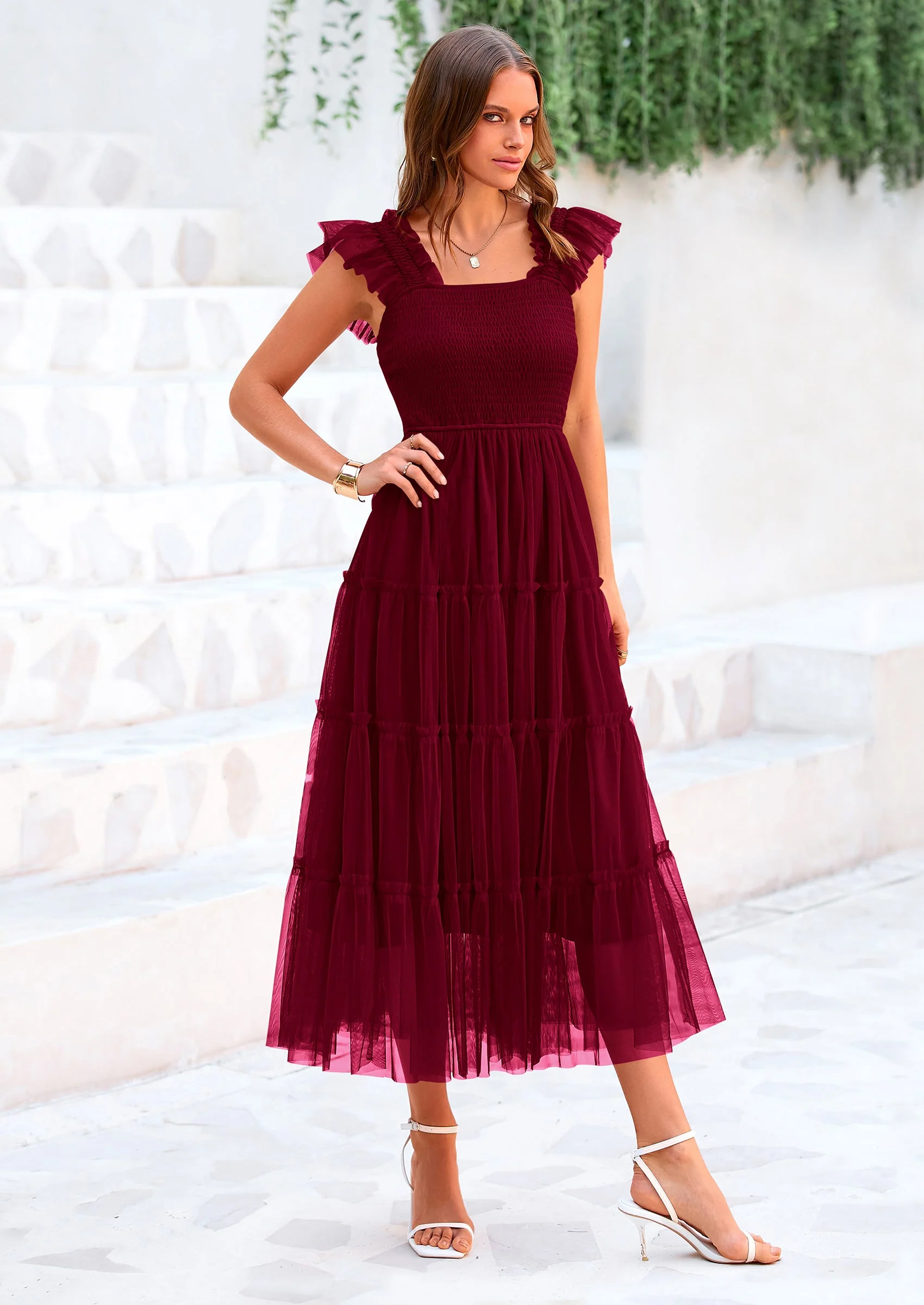 PRETTYGARDEN Women's Tulle Midi Dress Sleeveless Smocked Ruffle Mesh Flowy Dresses Party Wedding Guest Sundress - Image 68