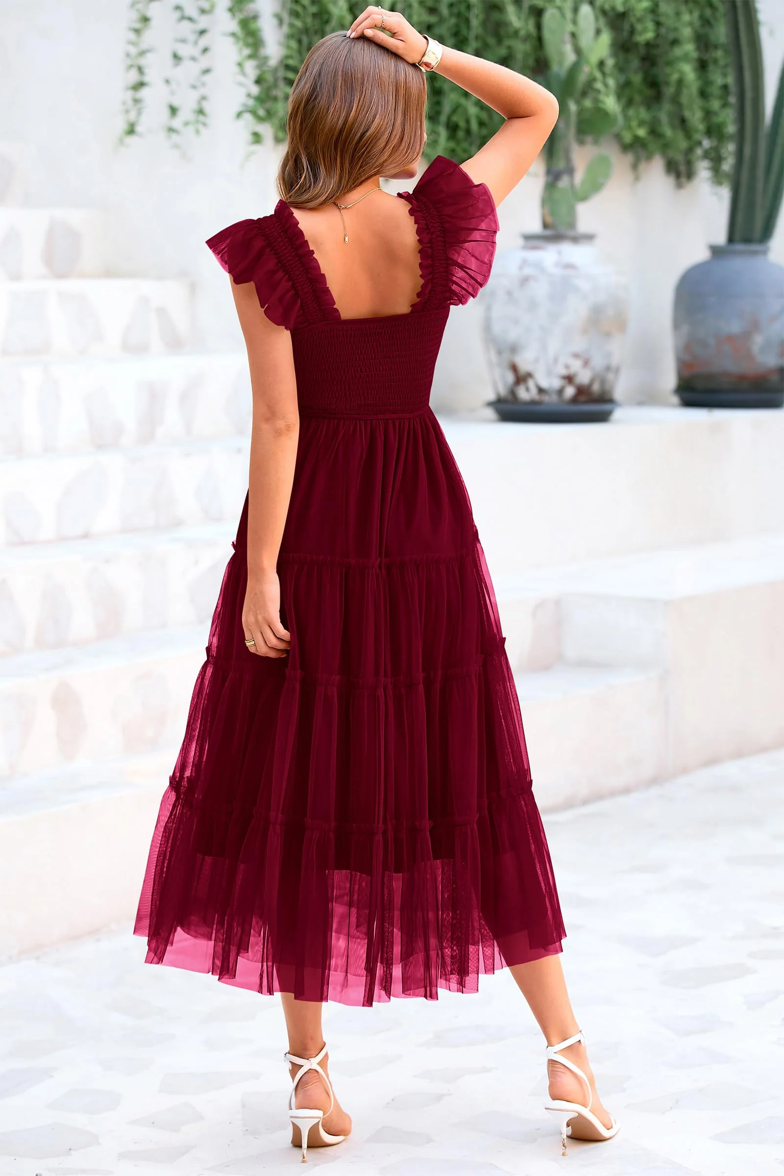 PRETTYGARDEN Women's Tulle Midi Dress Sleeveless Smocked Ruffle Mesh Flowy Dresses Party Wedding Guest Sundress - Image 69