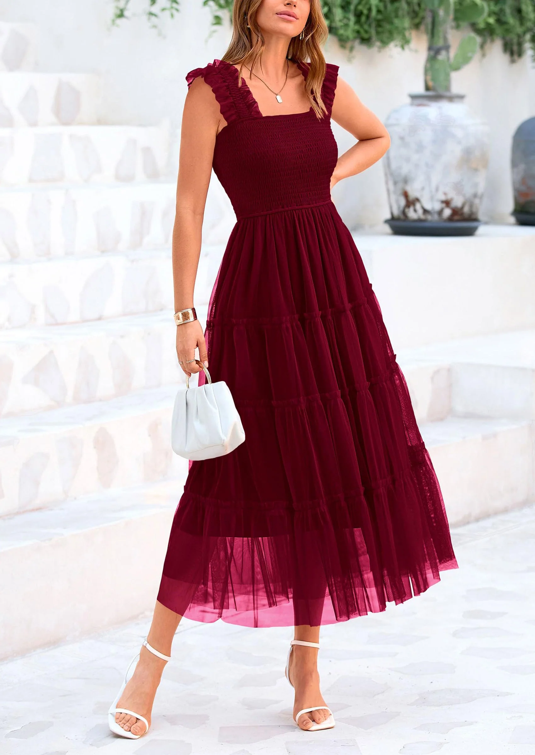 PRETTYGARDEN Women's Tulle Midi Dress Sleeveless Smocked Ruffle Mesh Flowy Dresses Party Wedding Guest Sundress - Image 70