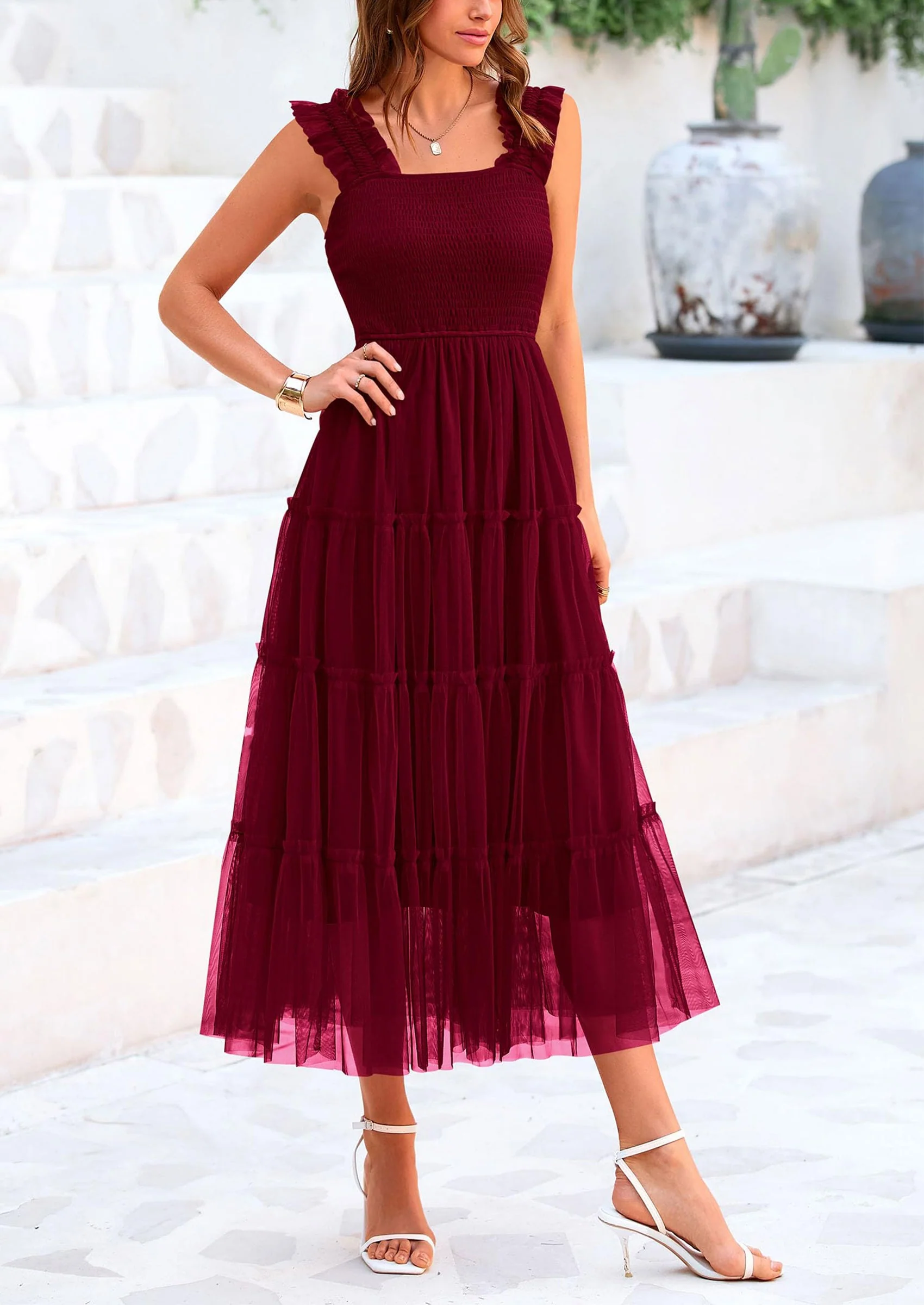 PRETTYGARDEN Women's Tulle Midi Dress Sleeveless Smocked Ruffle Mesh Flowy Dresses Party Wedding Guest Sundress - Image 71