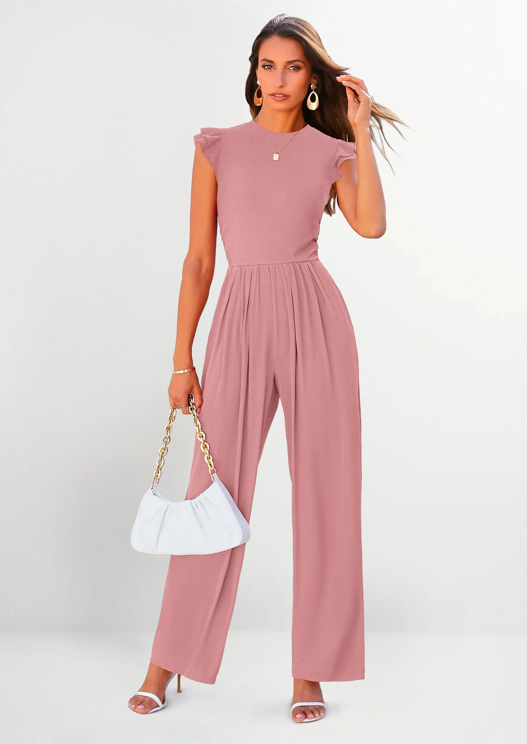 PRETTYGARDEN Casual Ruffle Cap Sleeves Romper Crew Neck Rib Knit One Piece Outfits - Image 31