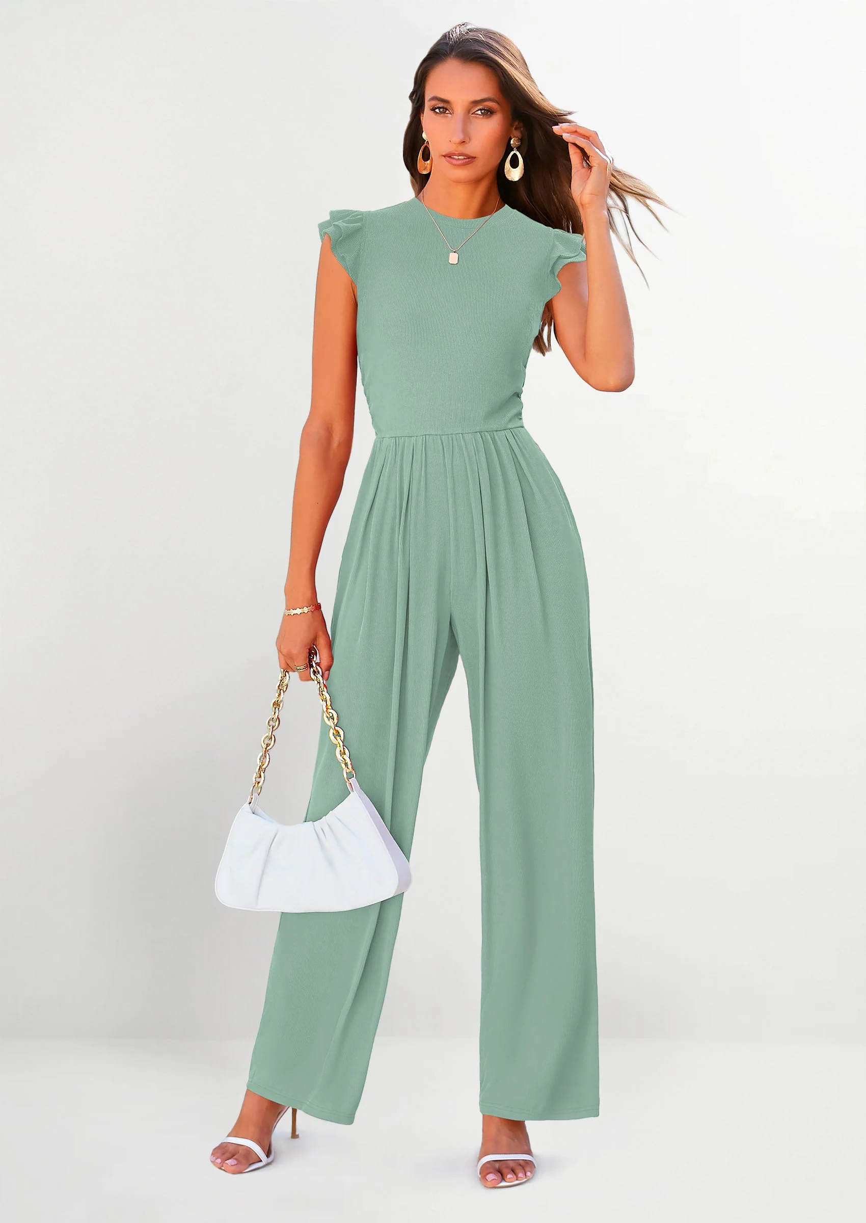 PRETTYGARDEN Casual Ruffle Cap Sleeves Romper Crew Neck Rib Knit One Piece Outfits - Image 39