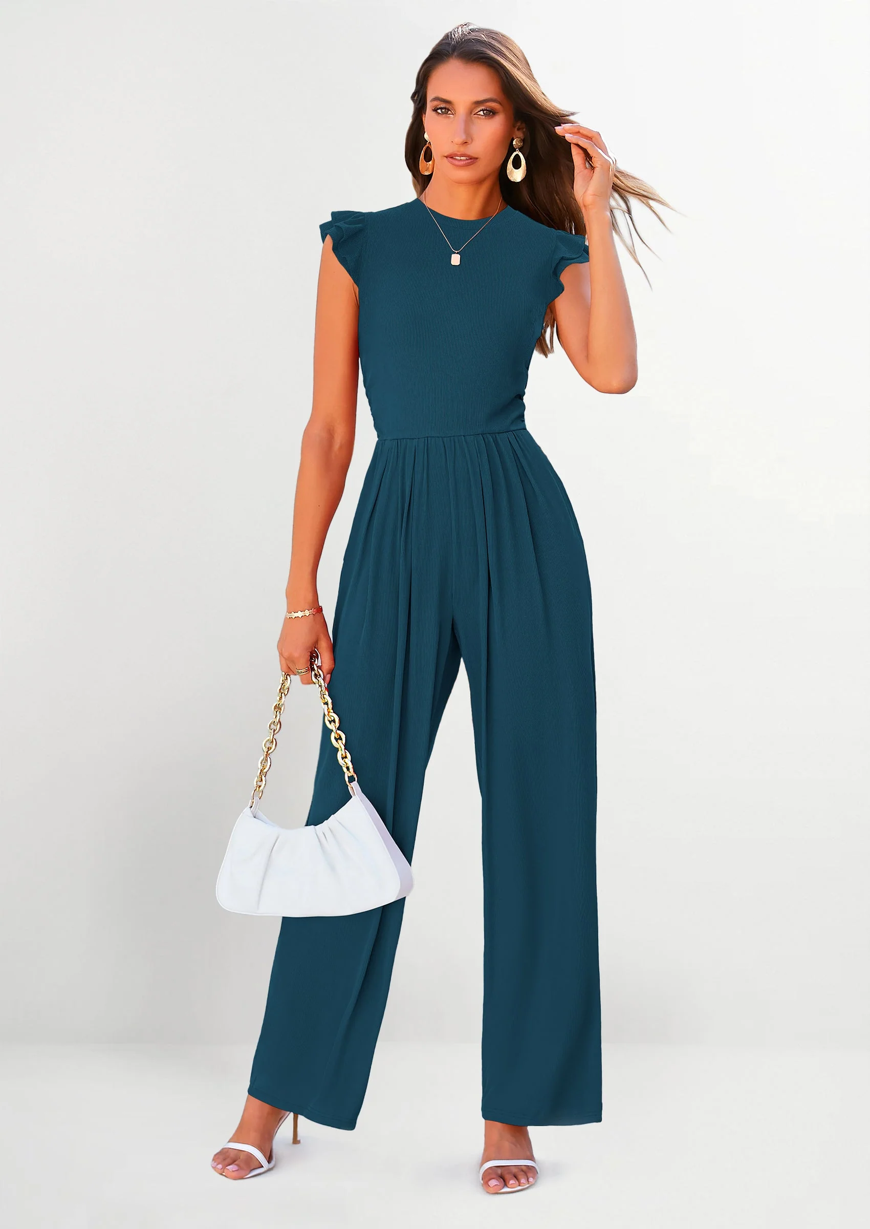 PRETTYGARDEN Casual Ruffle Cap Sleeves Romper Crew Neck Rib Knit One Piece Outfits - Image 55