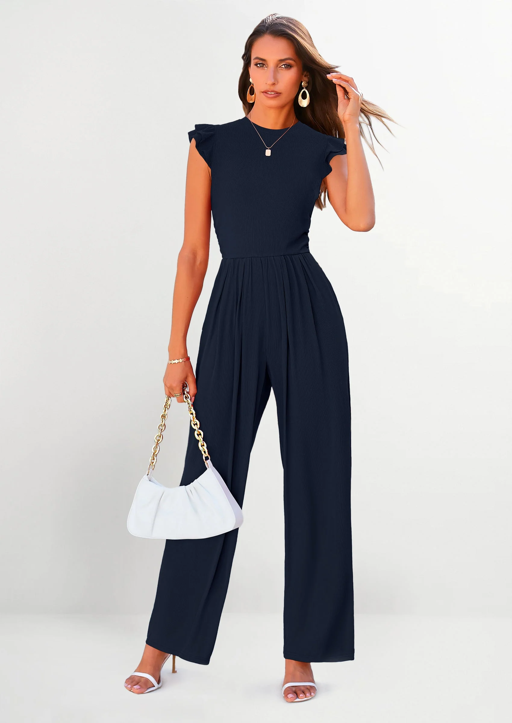 PRETTYGARDEN Casual Ruffle Cap Sleeves Romper Crew Neck Rib Knit One Piece Outfits - Image 63