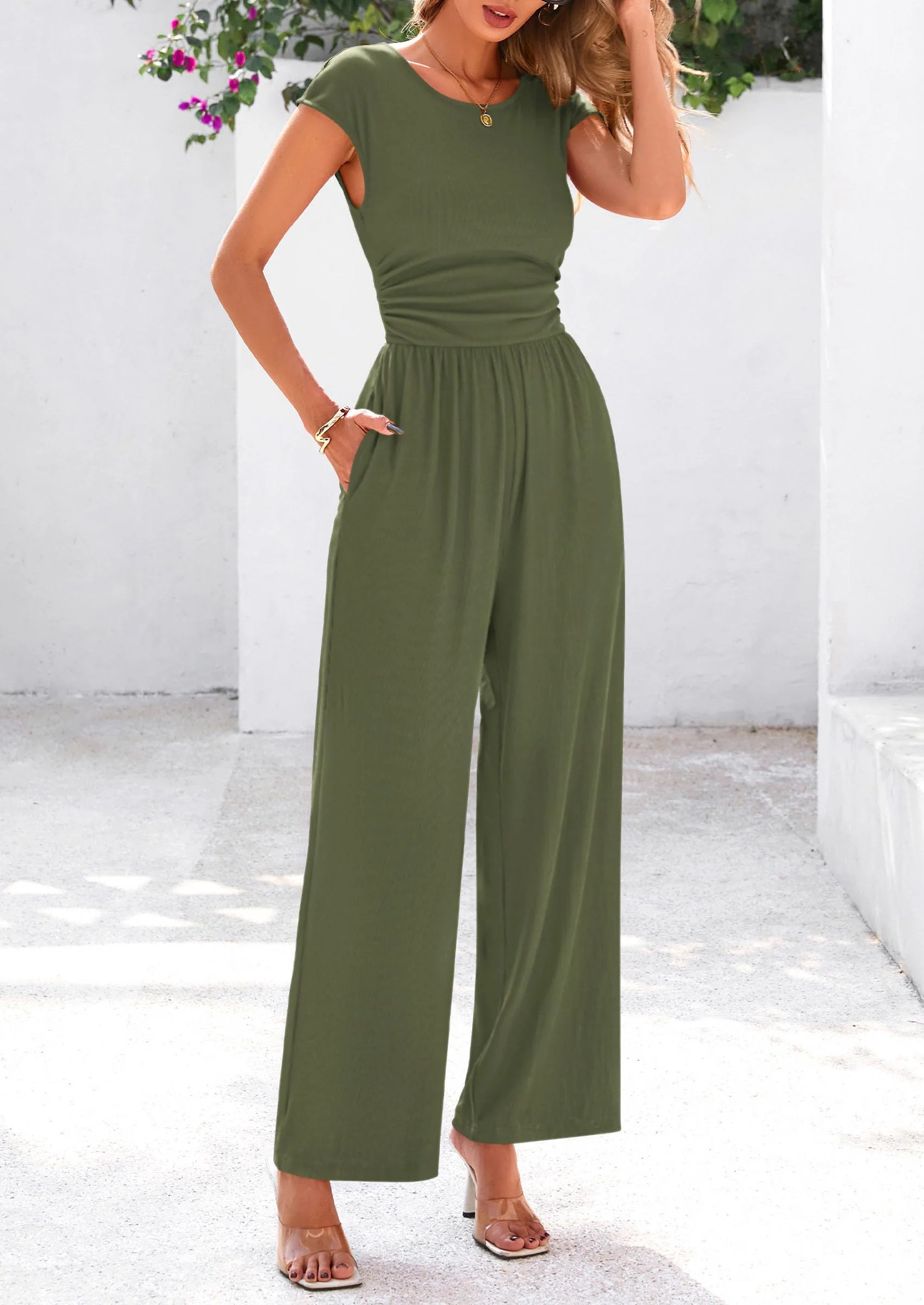 PRETTYGARDEN Summer Jumpsuits Ribbed Cap Sleeve Wide Leg Pants Women's Rompers Elegant Casual Trendy Vacation Outfits - Image 14