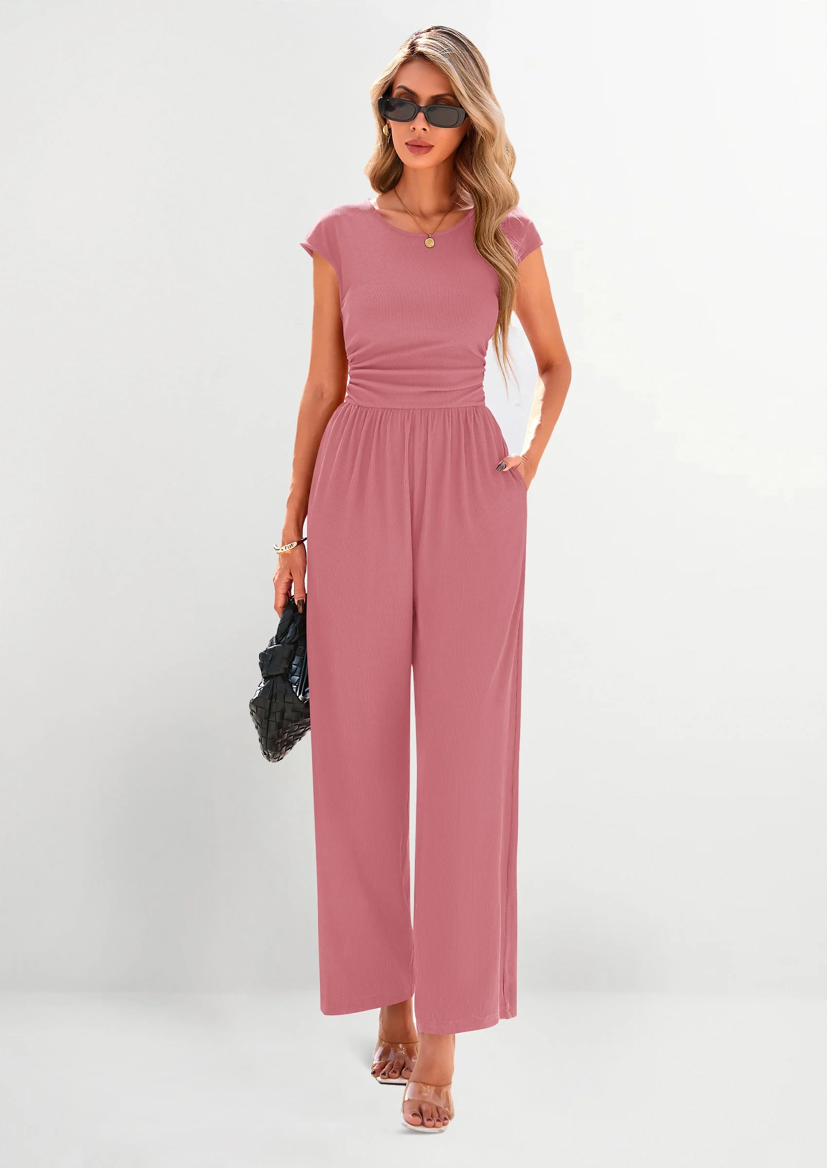 PRETTYGARDEN Summer Jumpsuits Ribbed Cap Sleeve Wide Leg Pants Women's Rompers Elegant Casual Trendy Vacation Outfits - Image 34