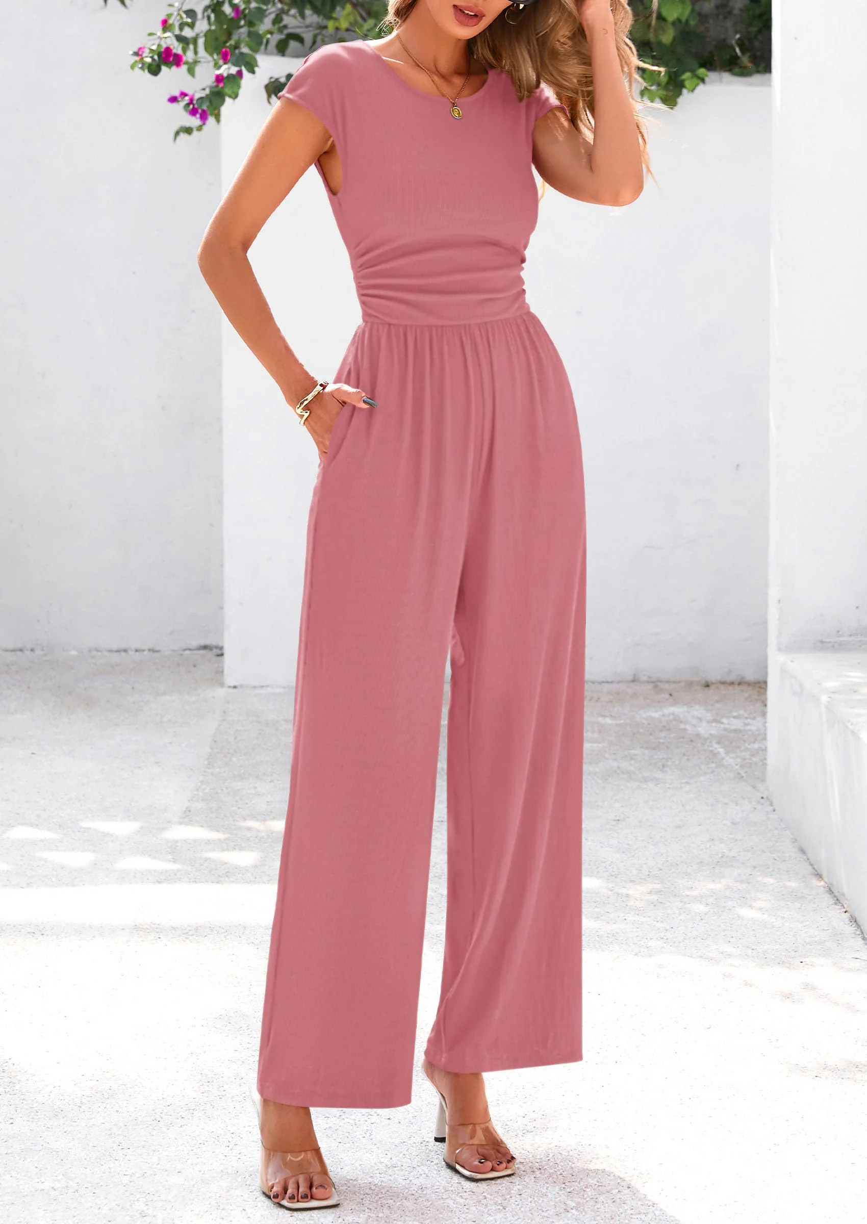 PRETTYGARDEN Summer Jumpsuits Ribbed Cap Sleeve Wide Leg Pants Women's Rompers Elegant Casual Trendy Vacation Outfits - Image 38