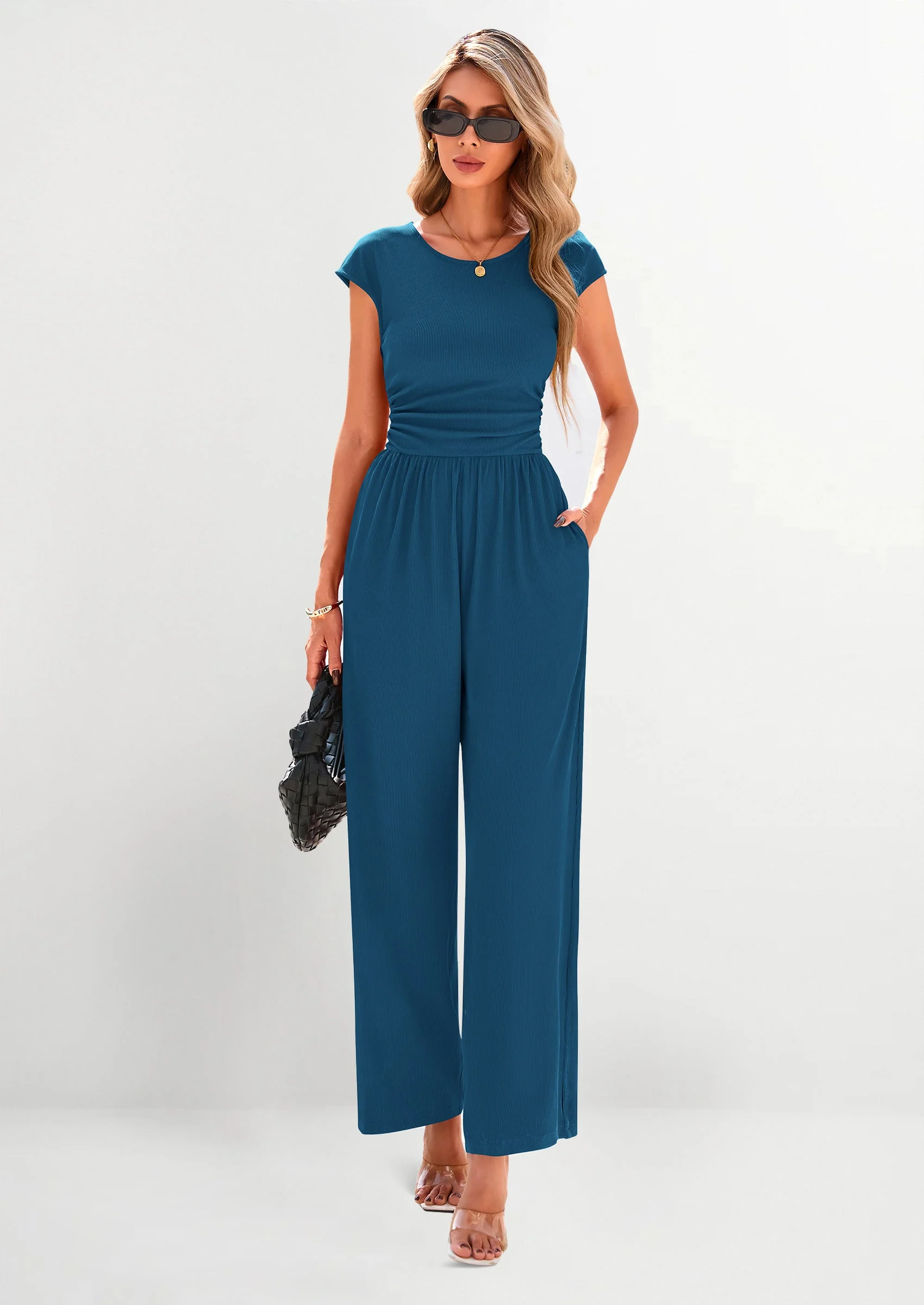 PRETTYGARDEN Summer Jumpsuits Ribbed Cap Sleeve Wide Leg Pants Women's Rompers Elegant Casual Trendy Vacation Outfits - Image 42