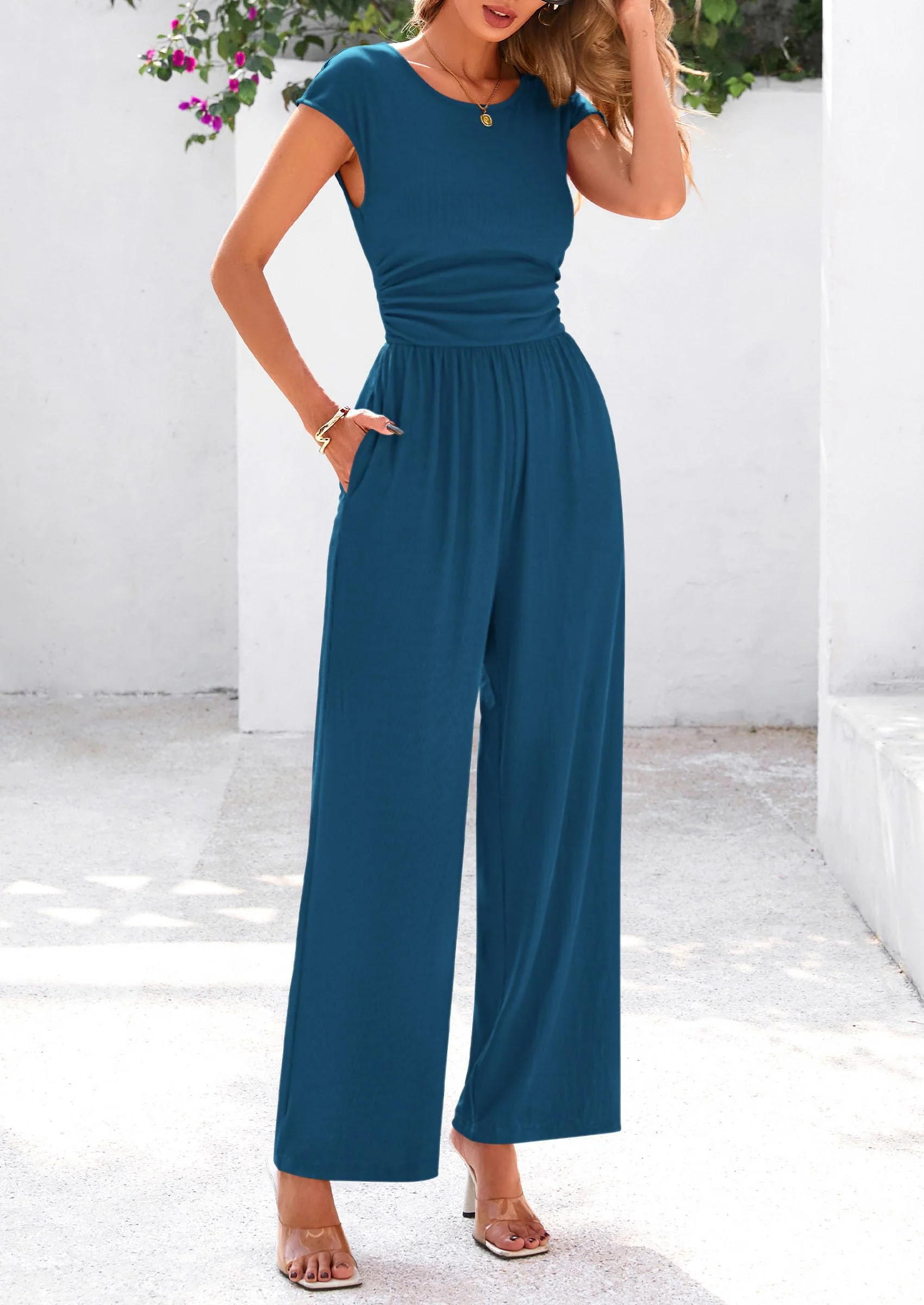PRETTYGARDEN Summer Jumpsuits Ribbed Cap Sleeve Wide Leg Pants Women's Rompers Elegant Casual Trendy Vacation Outfits - Image 46