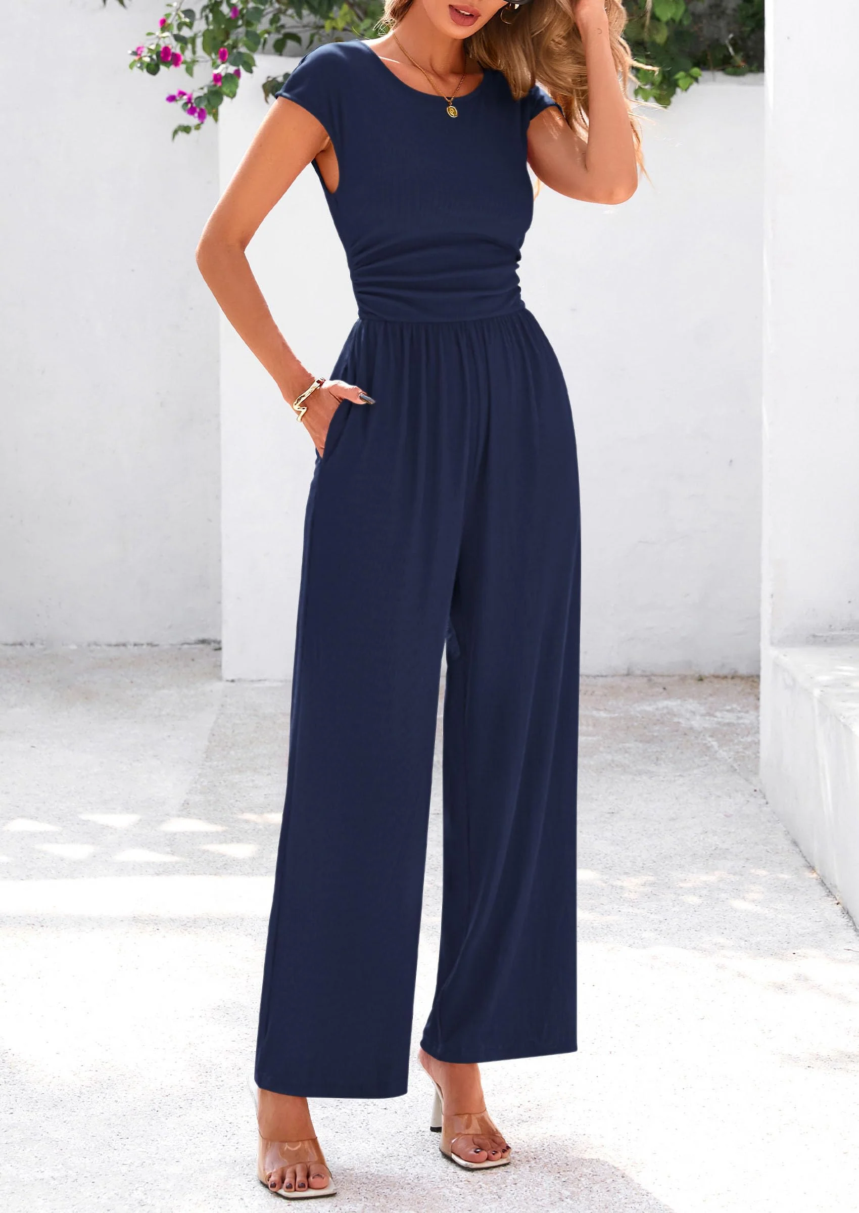 PRETTYGARDEN Summer Jumpsuits Ribbed Cap Sleeve Wide Leg Pants Women's Rompers Elegant Casual Trendy Vacation Outfits - Image 54