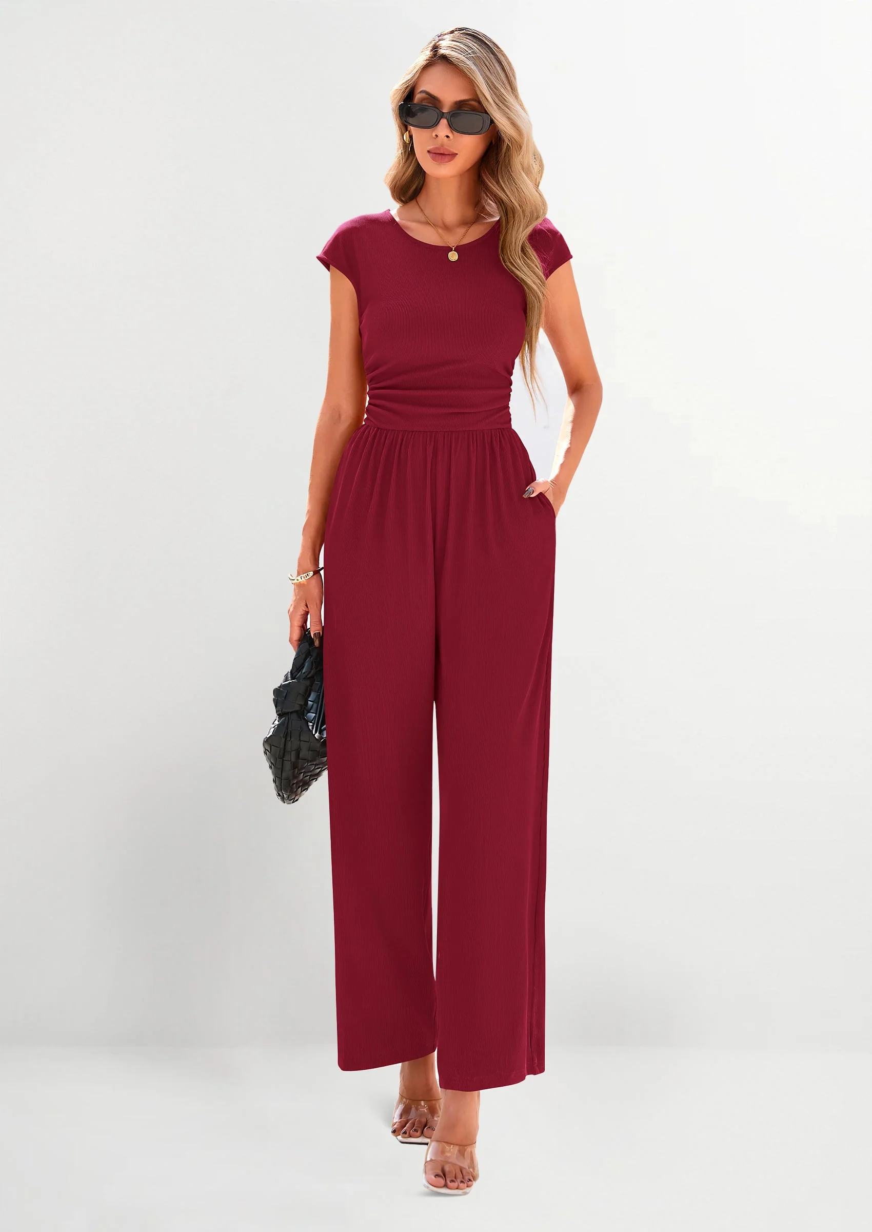 PRETTYGARDEN Summer Jumpsuits Ribbed Cap Sleeve Wide Leg Pants Women's Rompers Elegant Casual Trendy Vacation Outfits - Image 59