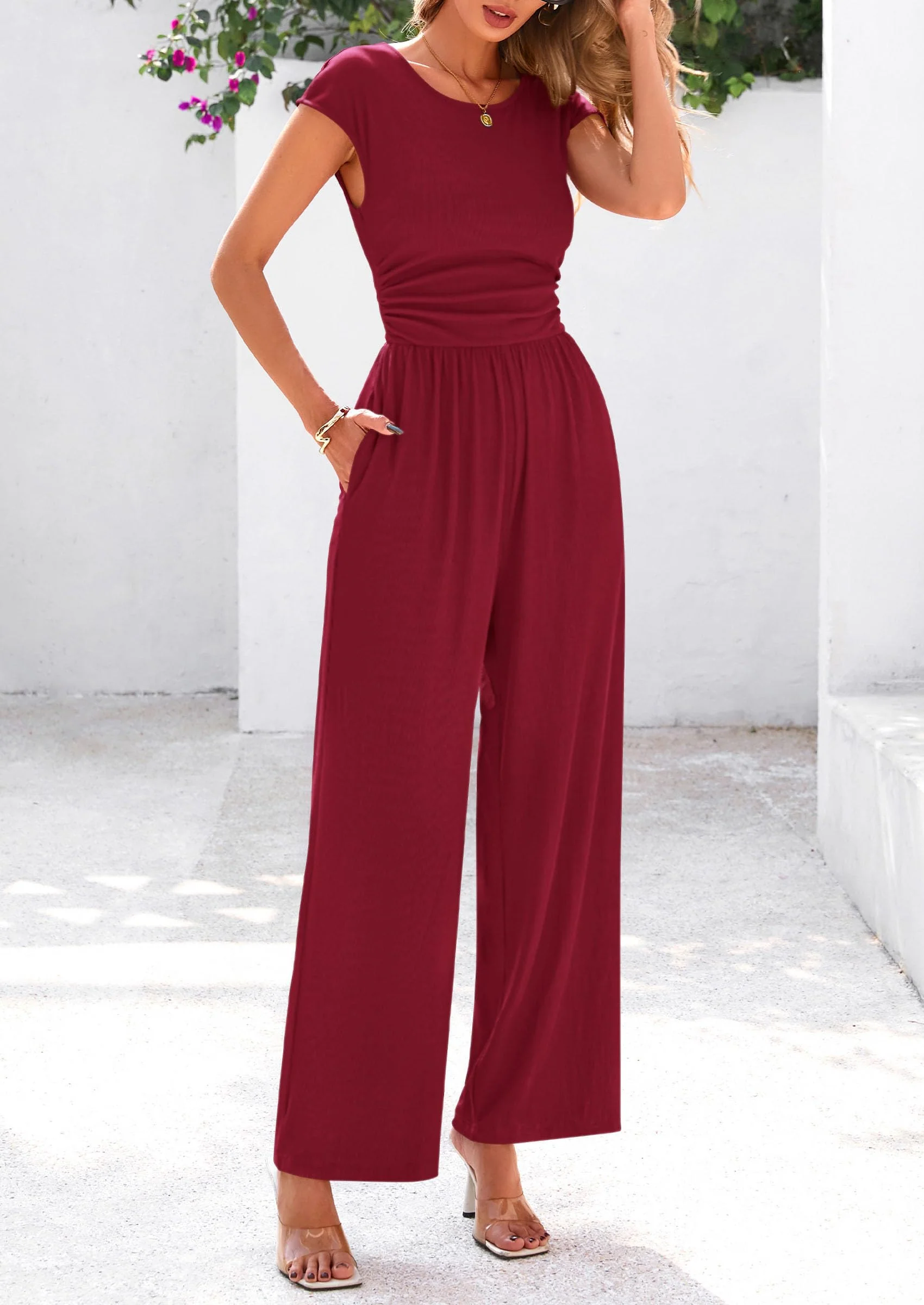 PRETTYGARDEN Summer Jumpsuits Ribbed Cap Sleeve Wide Leg Pants Women's Rompers Elegant Casual Trendy Vacation Outfits - Image 62