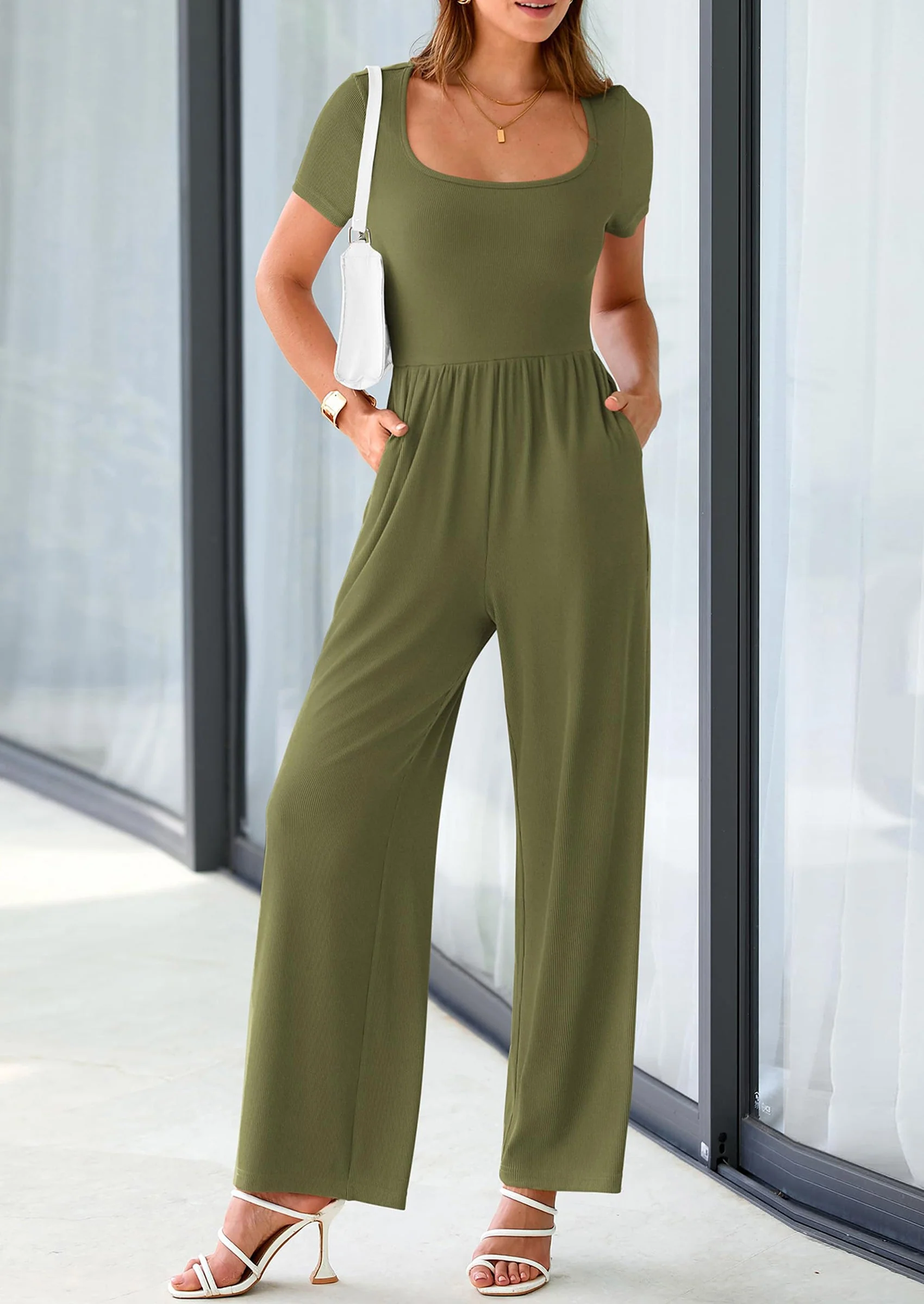 PRETTYGARDEN Women's Summer One Piece Jumpsuits Dressy Casual Short Sleeve Square Neck Wide Leg Jumpsuit Rompers - Image 10