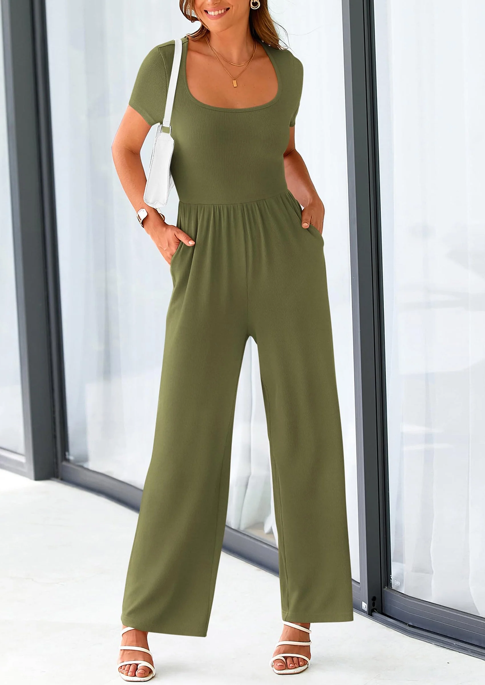 PRETTYGARDEN Women's Summer One Piece Jumpsuits Dressy Casual Short Sleeve Square Neck Wide Leg Jumpsuit Rompers - Image 11