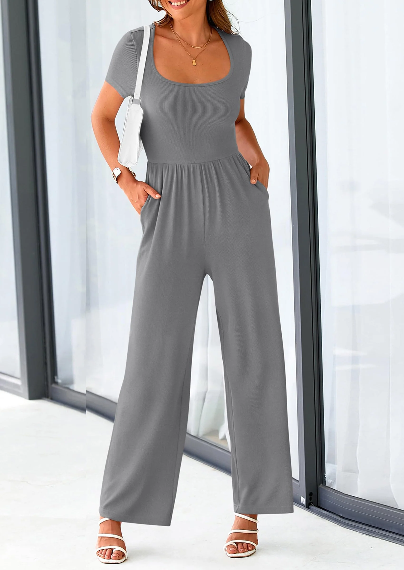 PRETTYGARDEN Women's Summer One Piece Jumpsuits Dressy Casual Short Sleeve Square Neck Wide Leg Jumpsuit Rompers - Image 55