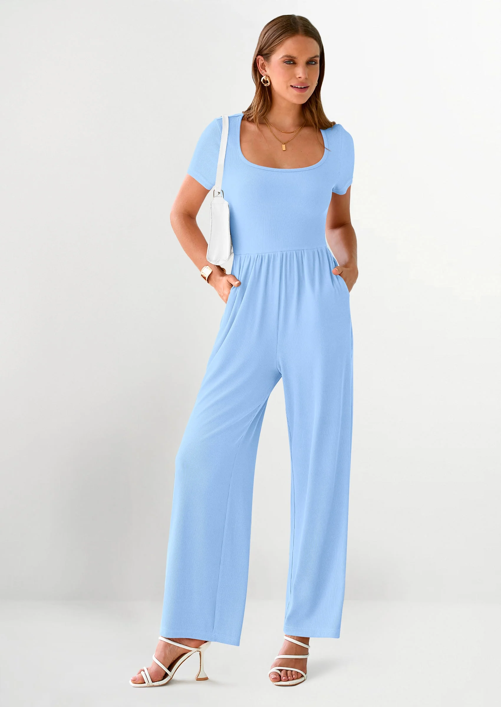 PRETTYGARDEN Women's Summer One Piece Jumpsuits Dressy Casual Short Sleeve Square Neck Wide Leg Jumpsuit Rompers - Image 62