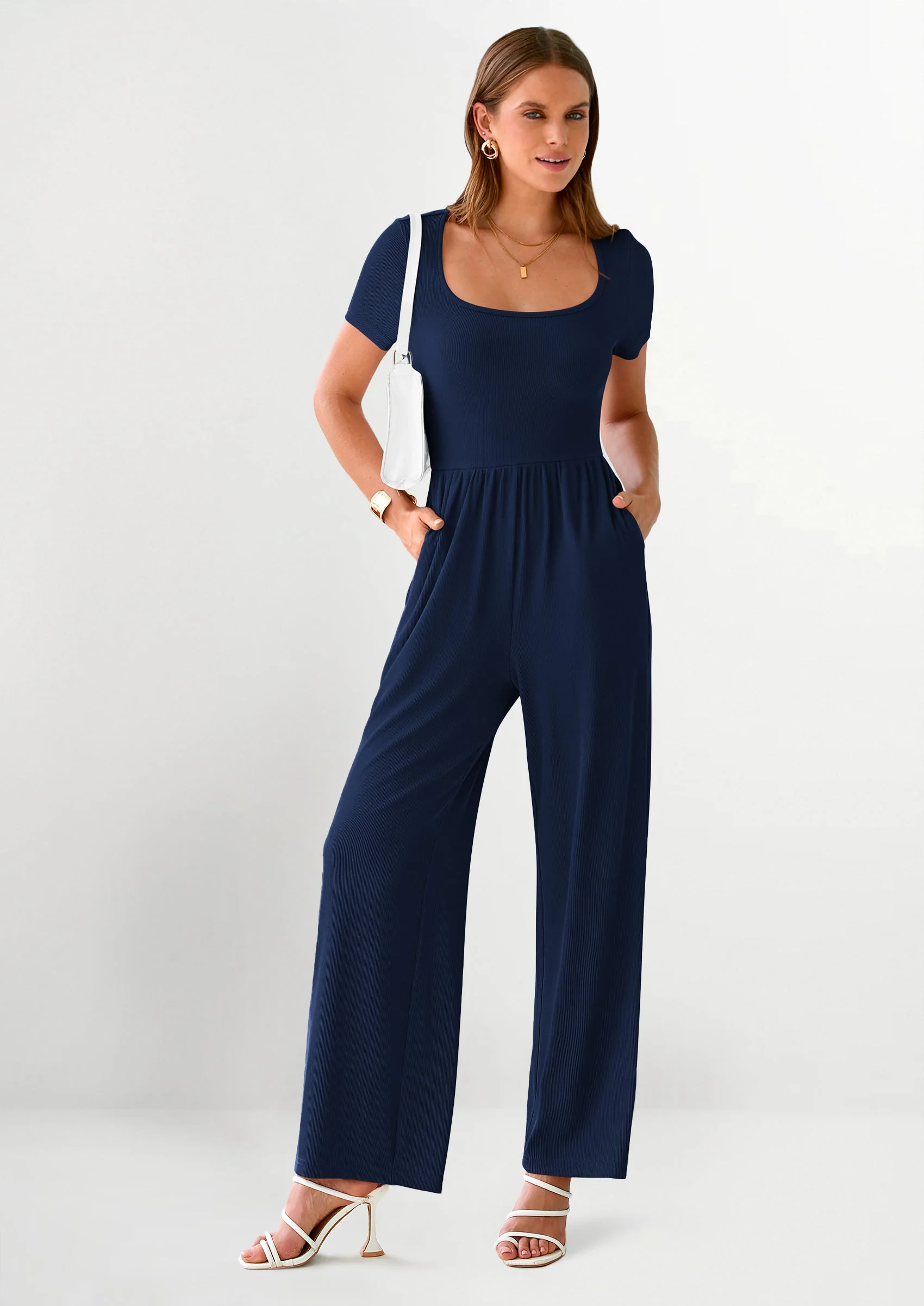 PRETTYGARDEN Women's Summer One Piece Jumpsuits Dressy Casual Short Sleeve Square Neck Wide Leg Jumpsuit Rompers - Image 68