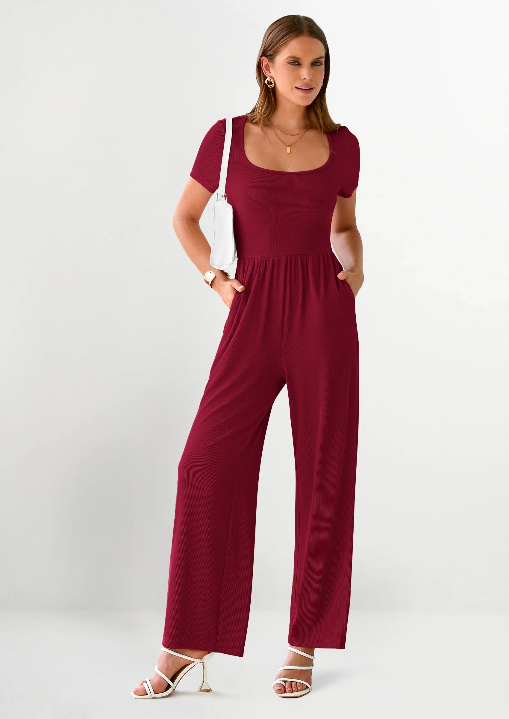 PRETTYGARDEN Women's Summer One Piece Jumpsuits Dressy Casual Short Sleeve Square Neck Wide Leg Jumpsuit Rompers - Image 74