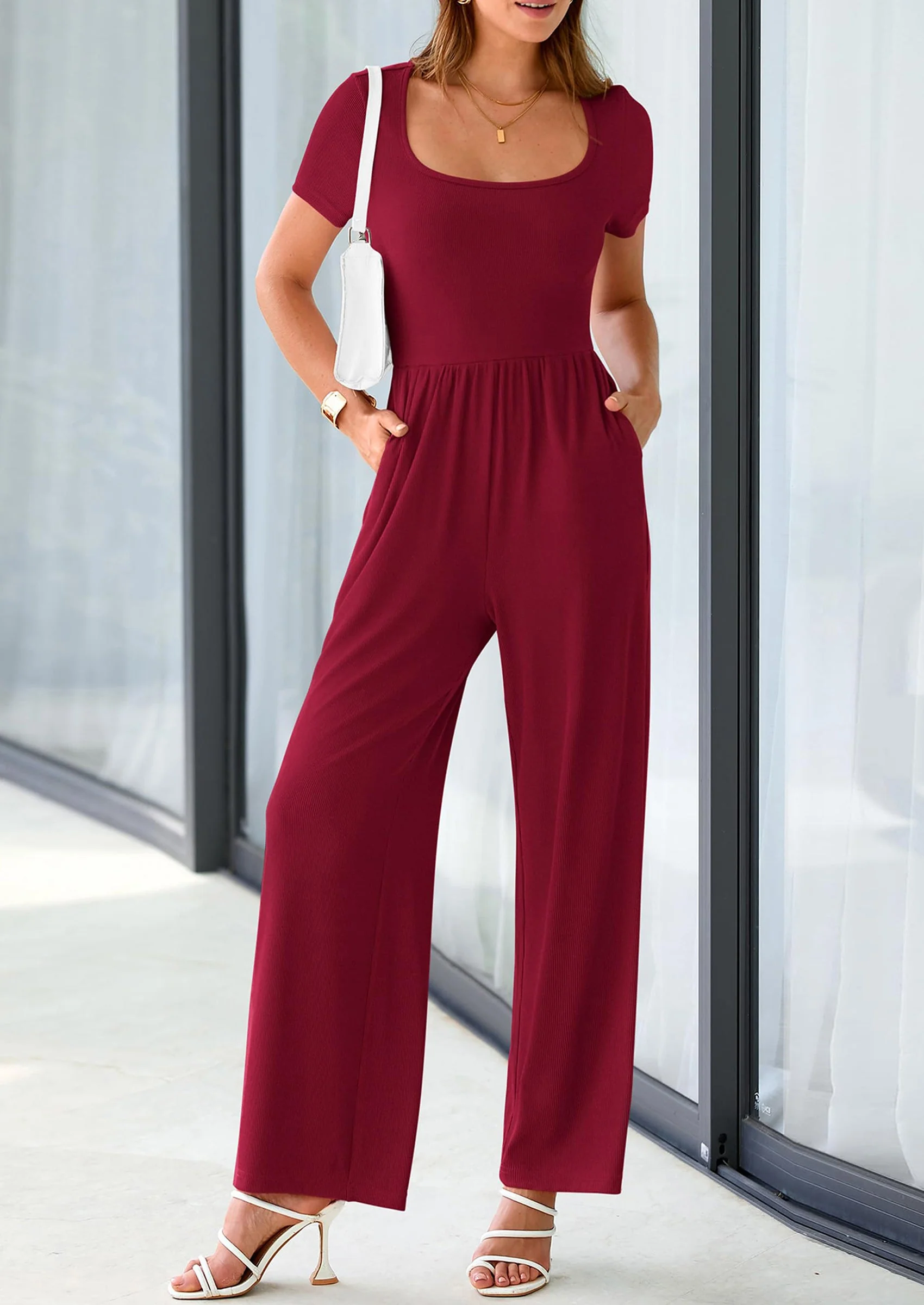 PRETTYGARDEN Women's Summer One Piece Jumpsuits Dressy Casual Short Sleeve Square Neck Wide Leg Jumpsuit Rompers - Image 76