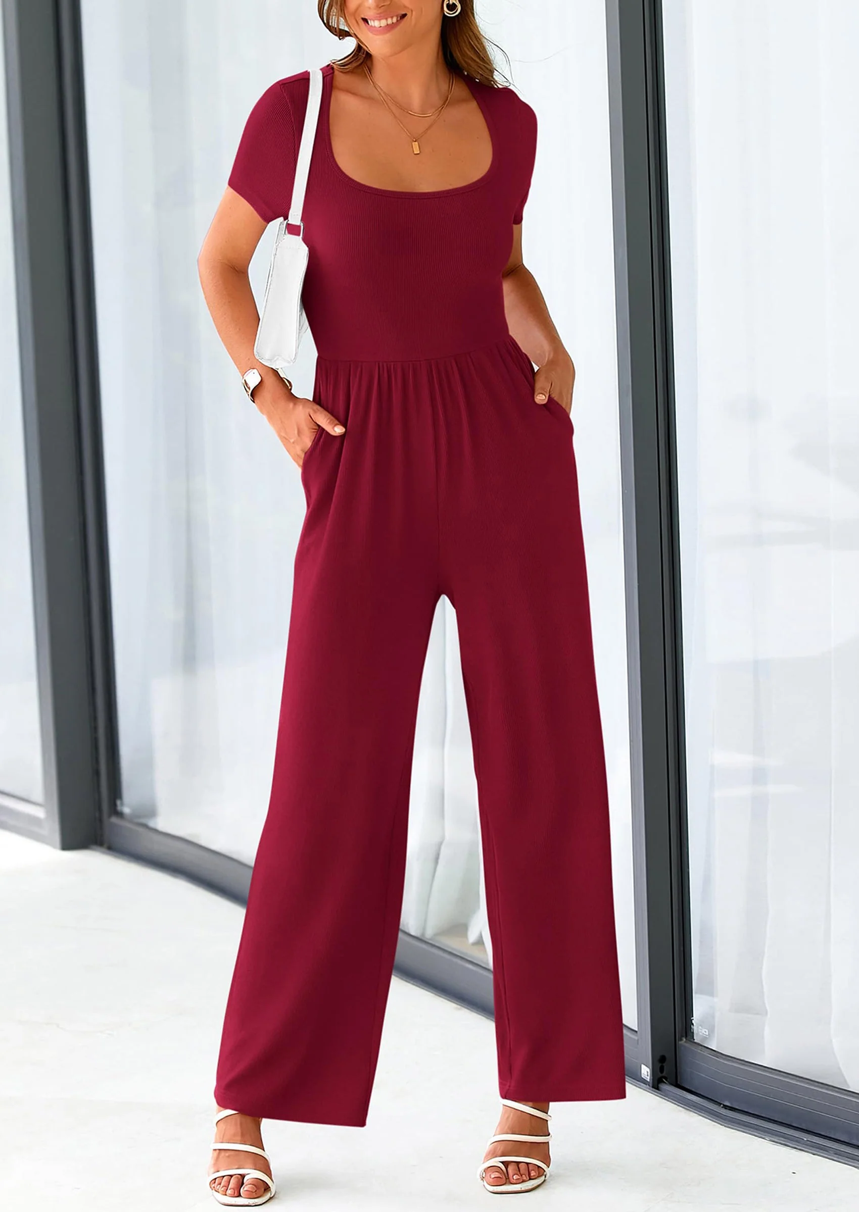 PRETTYGARDEN Women's Summer One Piece Jumpsuits Dressy Casual Short Sleeve Square Neck Wide Leg Jumpsuit Rompers - Image 77
