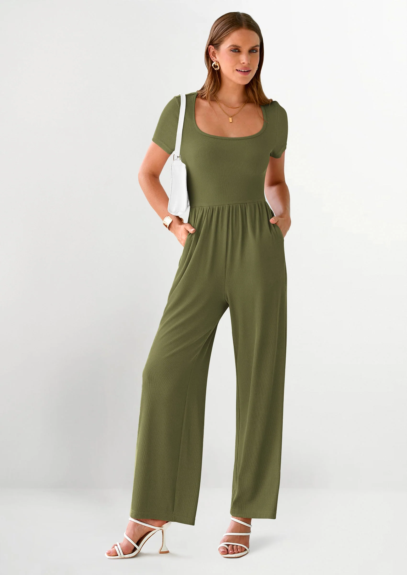 PRETTYGARDEN Women's Summer One Piece Jumpsuits Dressy Casual Short Sleeve Square Neck Wide Leg Jumpsuit Rompers - Image 8