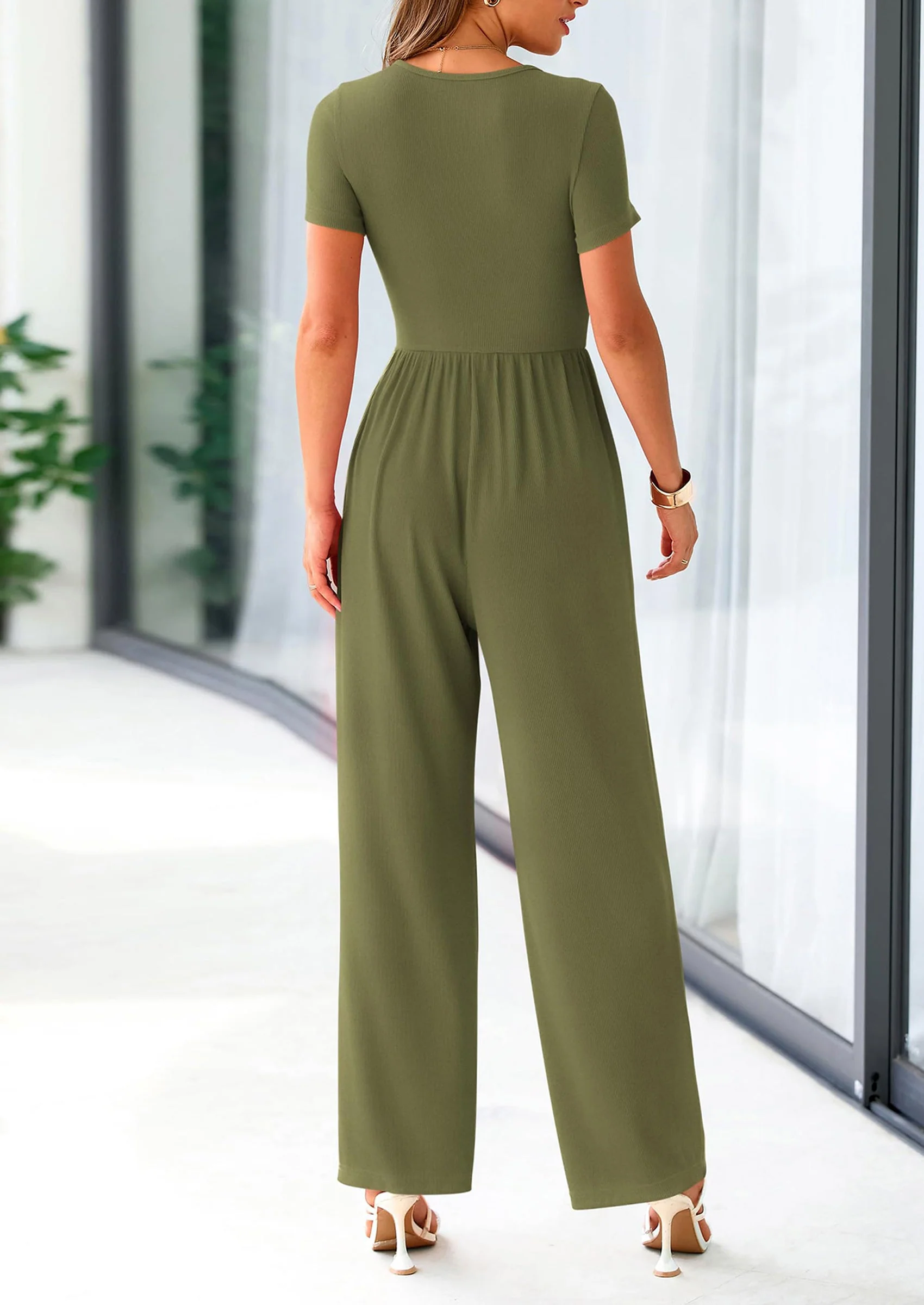 PRETTYGARDEN Women's Summer One Piece Jumpsuits Dressy Casual Short Sleeve Square Neck Wide Leg Jumpsuit Rompers - Image 9