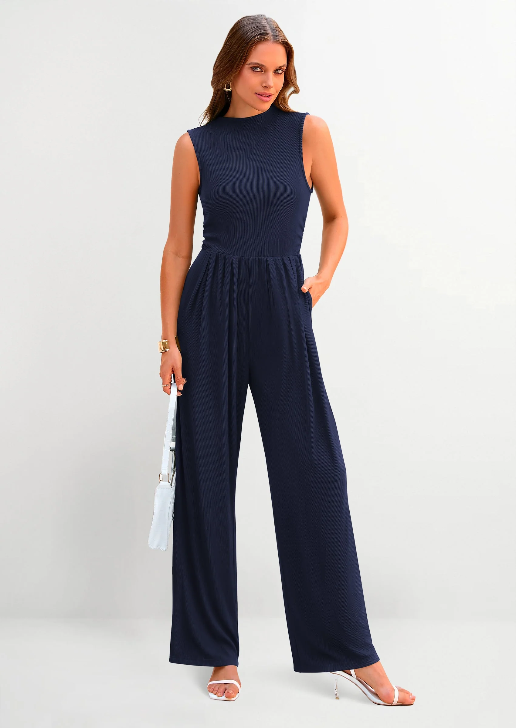 PRETTYGARDEN Womens Summer Jumpsuits Dressy Casual One Piece Outfits Sleeveless Mock Neck Wide Leg Pants Rompers with Pockets - Image 100