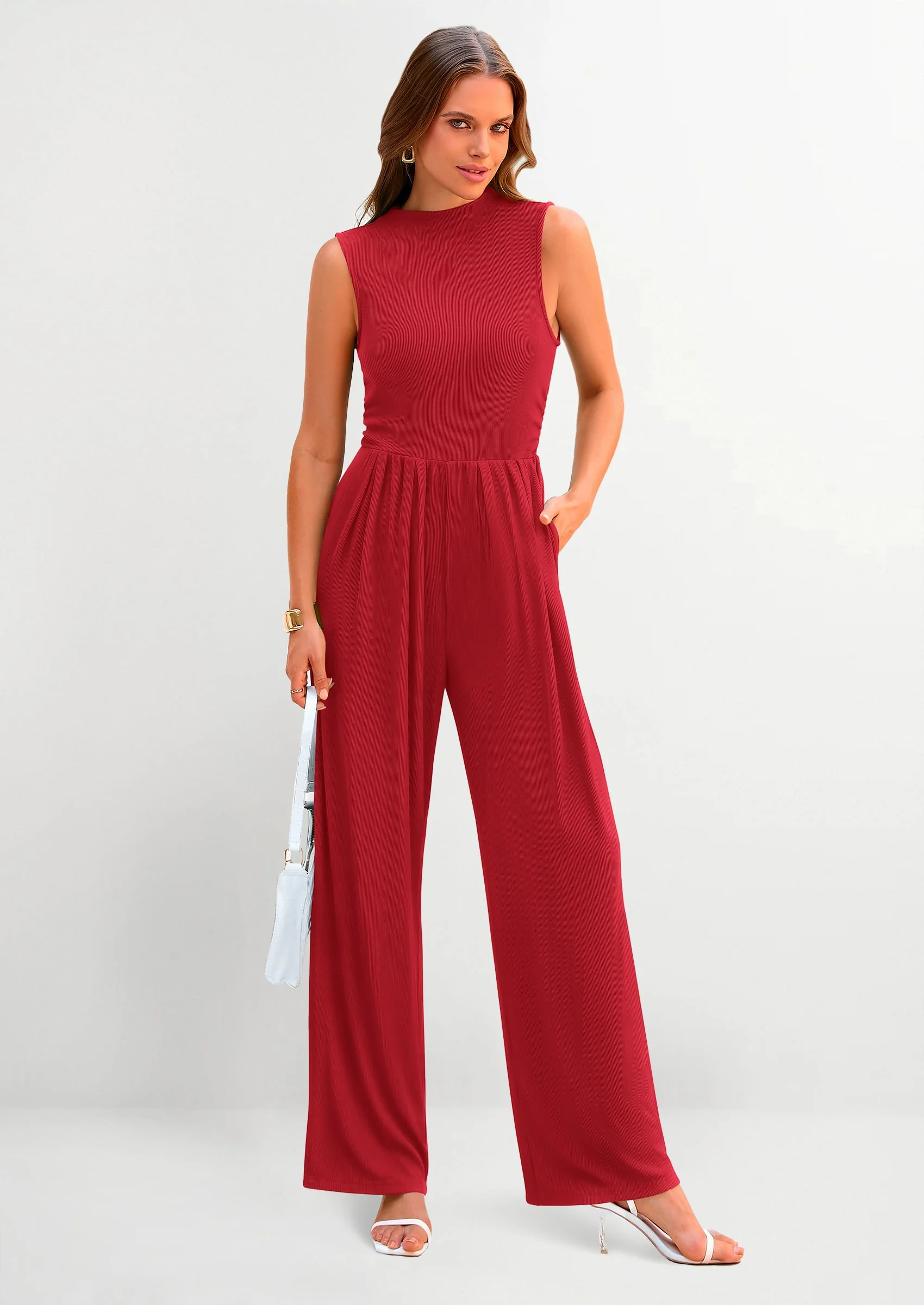 PRETTYGARDEN Womens Summer Jumpsuits Dressy Casual One Piece Outfits Sleeveless Mock Neck Wide Leg Pants Rompers with Pockets - Image 107