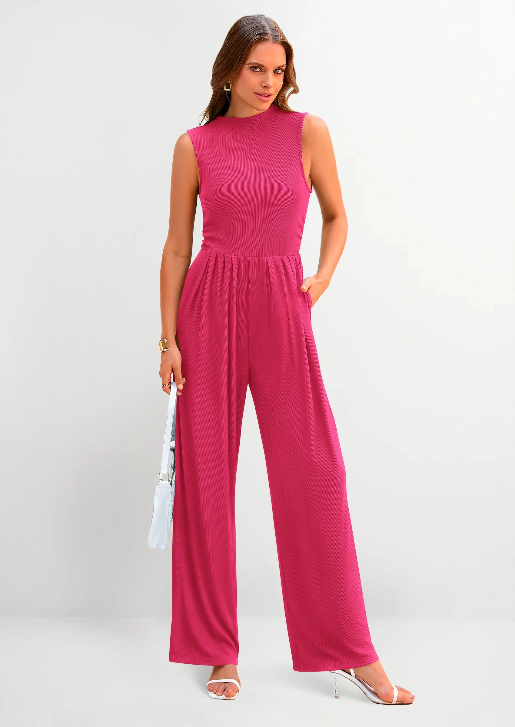 PRETTYGARDEN Womens Summer Jumpsuits Dressy Casual One Piece Outfits Sleeveless Mock Neck Wide Leg Pants Rompers with Pockets - Image 114