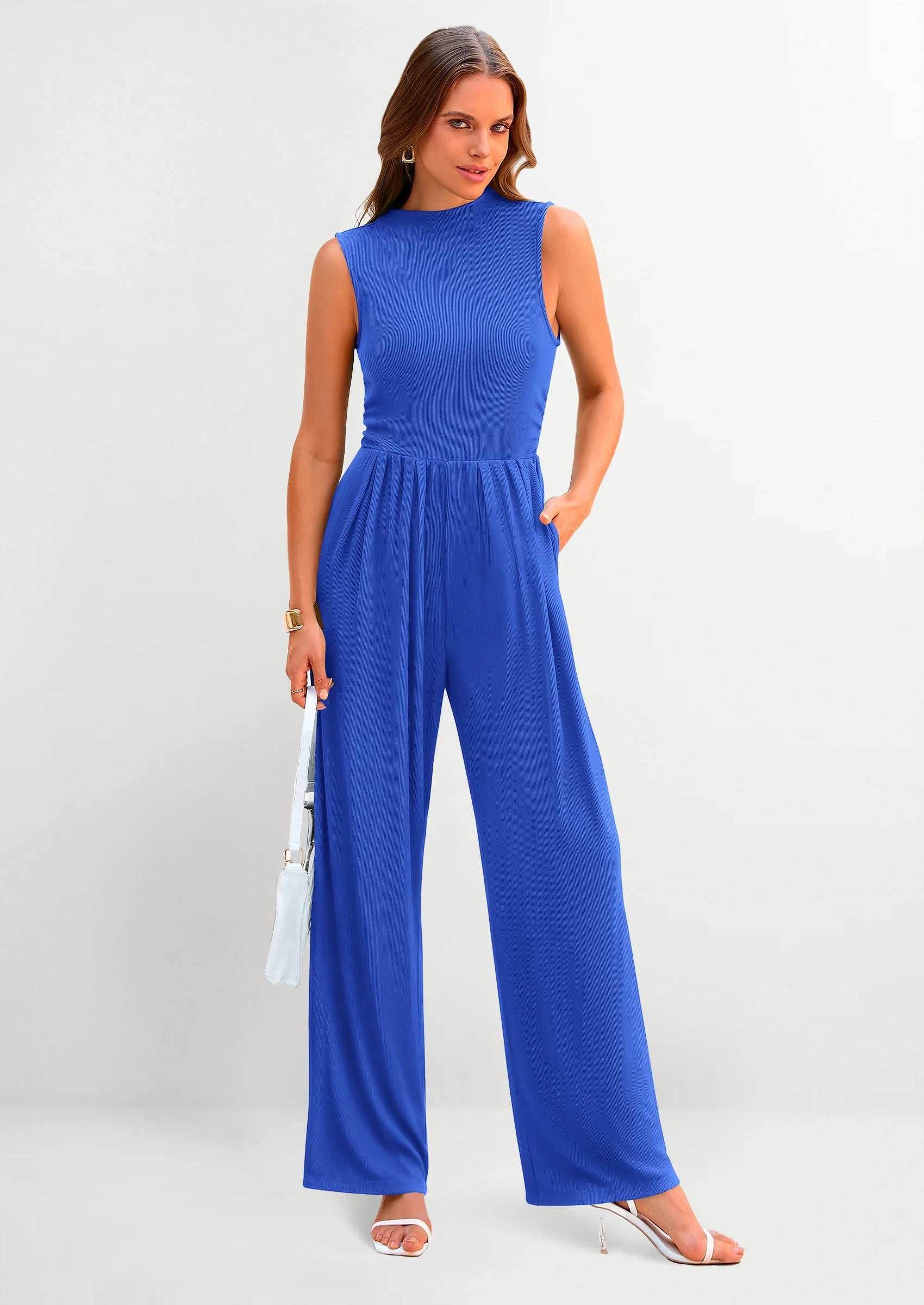 PRETTYGARDEN Womens Summer Jumpsuits Dressy Casual One Piece Outfits Sleeveless Mock Neck Wide Leg Pants Rompers with Pockets - Image 128