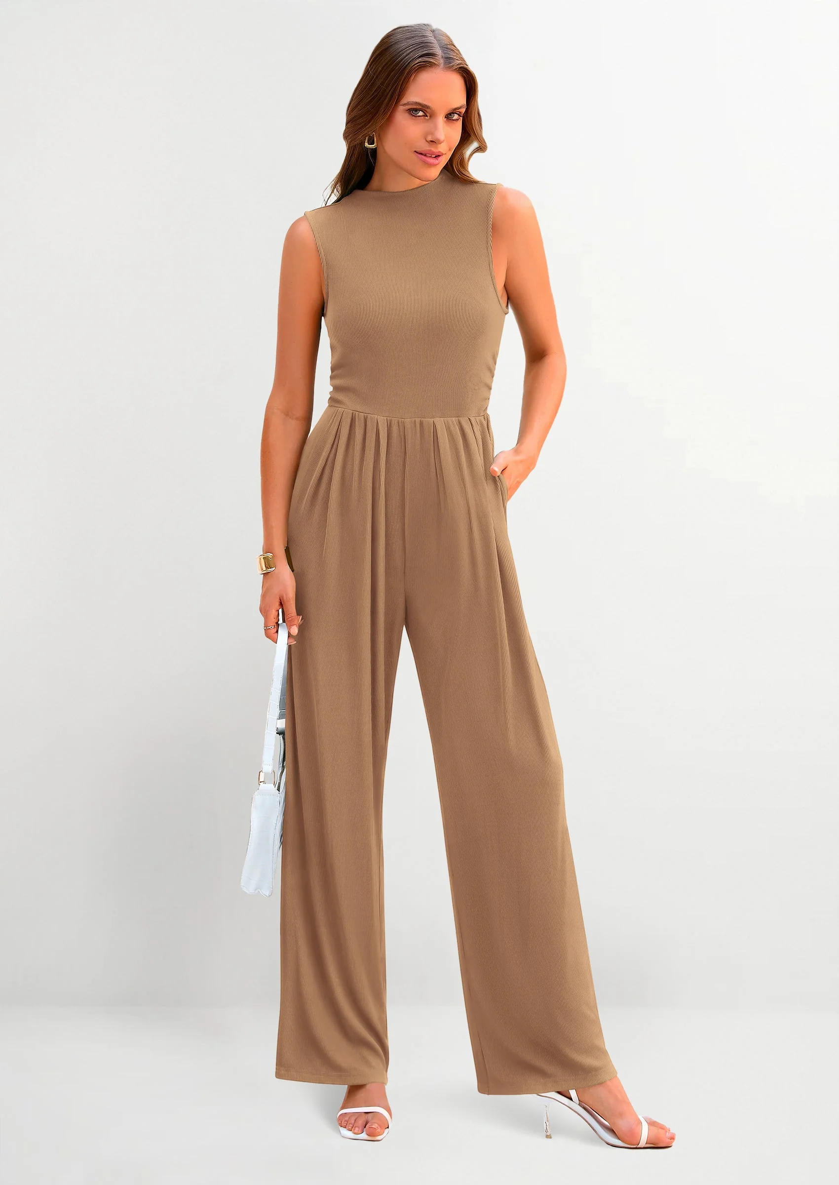 PRETTYGARDEN Womens Summer Jumpsuits Dressy Casual One Piece Outfits Sleeveless Mock Neck Wide Leg Pants Rompers with Pockets - Image 135