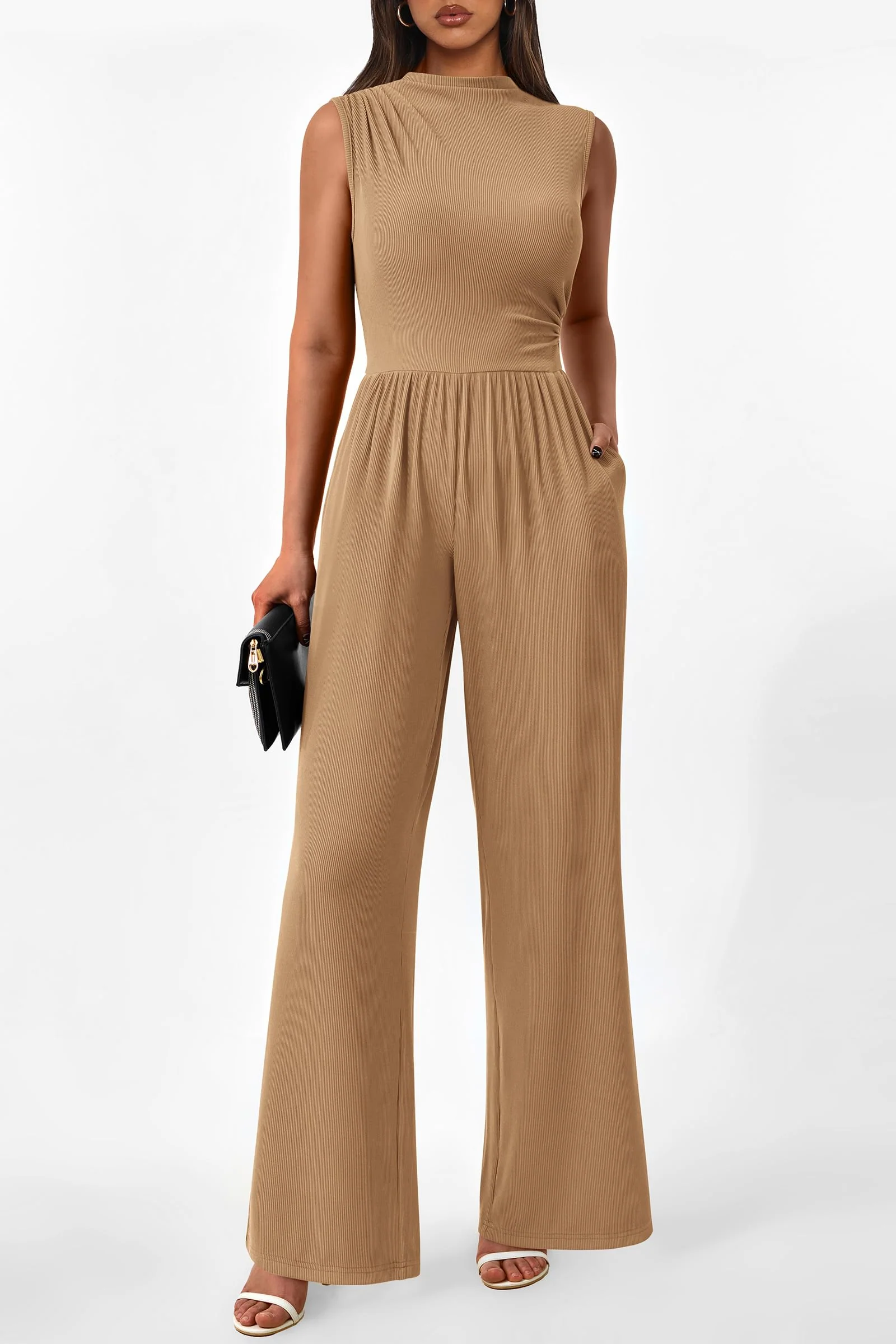 PRETTYGARDEN Womens Summer Jumpsuits Dressy Casual One Piece Outfits Sleeveless Mock Neck Wide Leg Pants Rompers with Pockets - Image 139