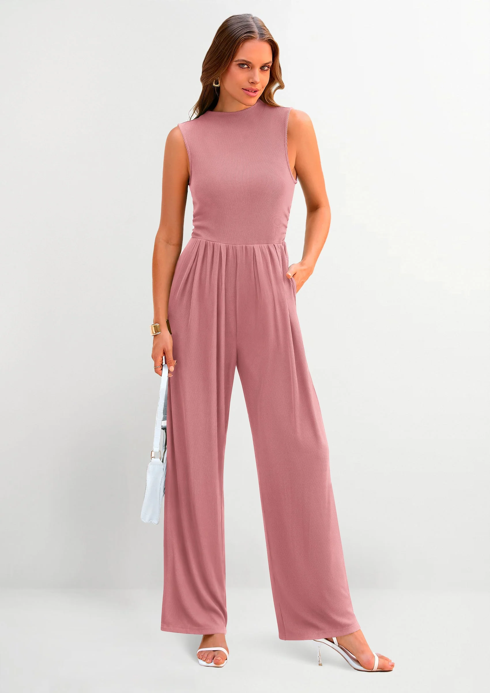 PRETTYGARDEN Womens Summer Jumpsuits Dressy Casual One Piece Outfits Sleeveless Mock Neck Wide Leg Pants Rompers with Pockets - Image 142