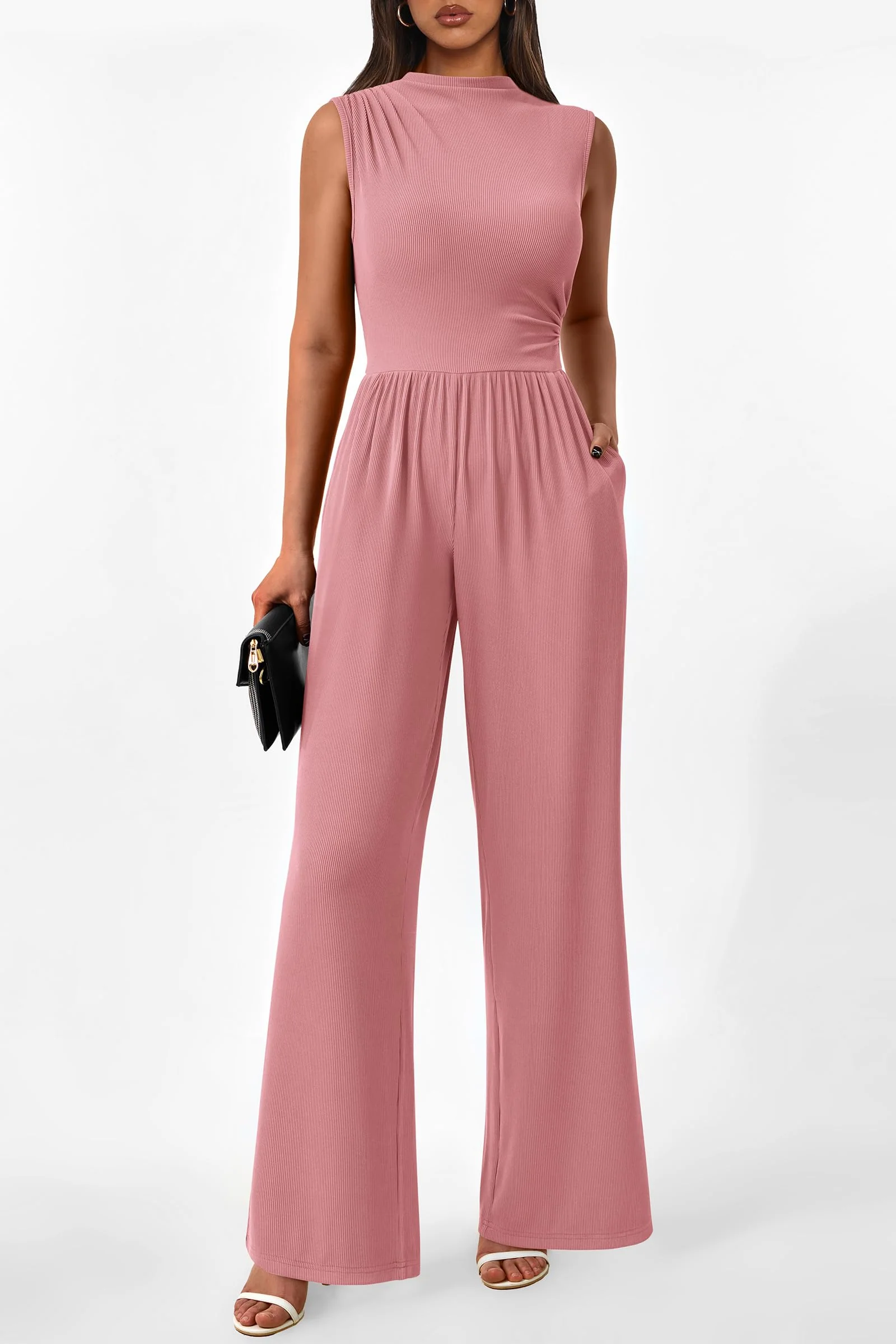 PRETTYGARDEN Womens Summer Jumpsuits Dressy Casual One Piece Outfits Sleeveless Mock Neck Wide Leg Pants Rompers with Pockets - Image 144