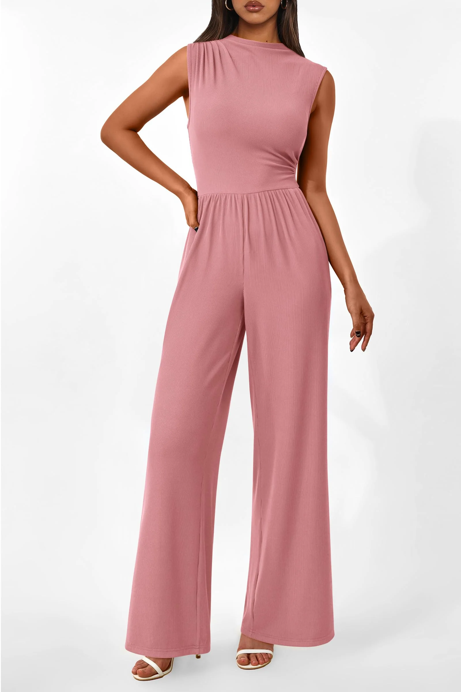 PRETTYGARDEN Womens Summer Jumpsuits Dressy Casual One Piece Outfits Sleeveless Mock Neck Wide Leg Pants Rompers with Pockets - Image 146