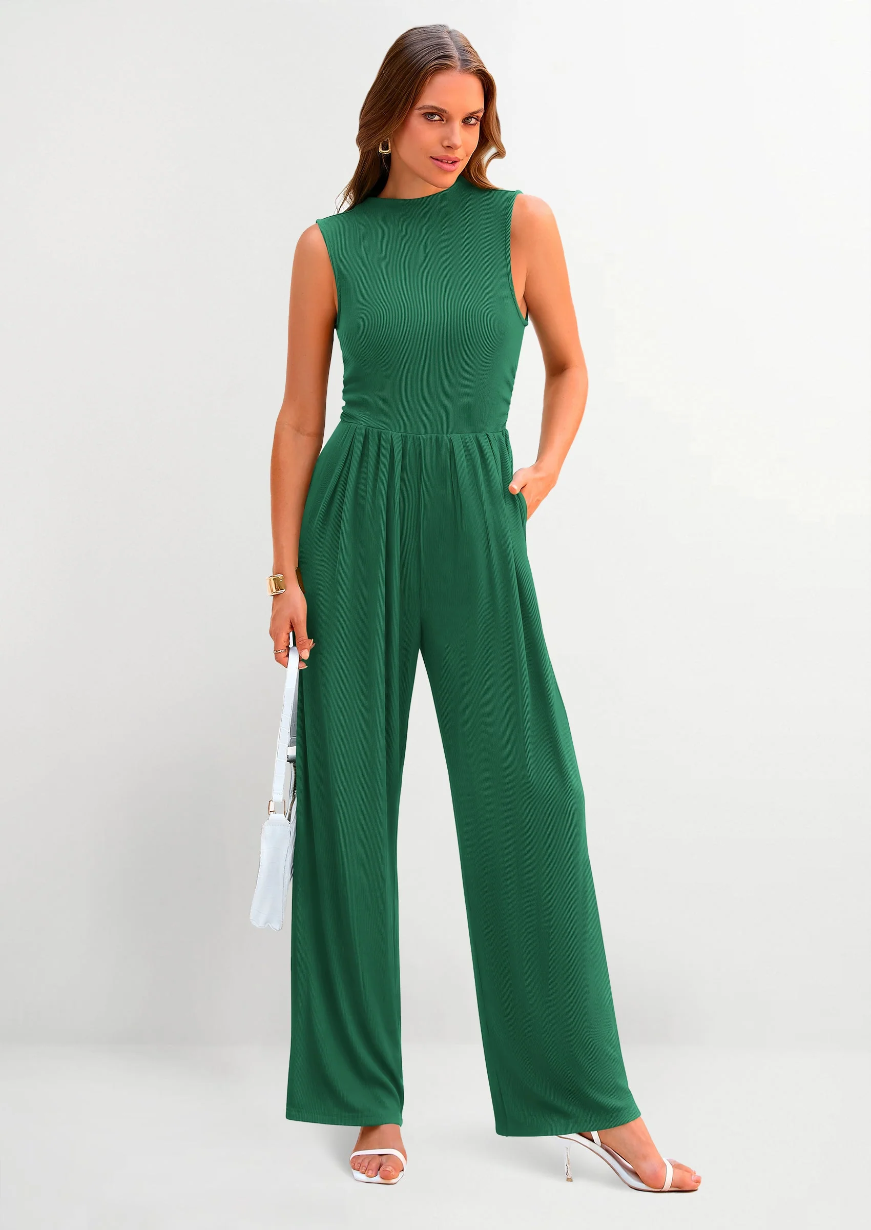 PRETTYGARDEN Womens Summer Jumpsuits Dressy Casual One Piece Outfits Sleeveless Mock Neck Wide Leg Pants Rompers with Pockets - Image 149