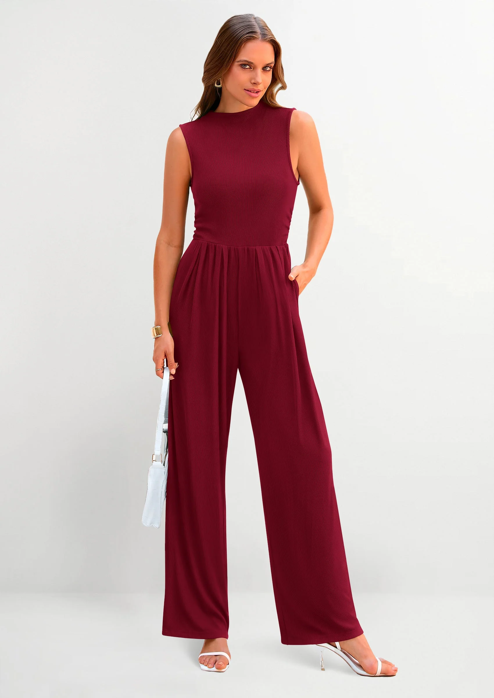 PRETTYGARDEN Womens Summer Jumpsuits Dressy Casual One Piece Outfits Sleeveless Mock Neck Wide Leg Pants Rompers with Pockets - Image 156