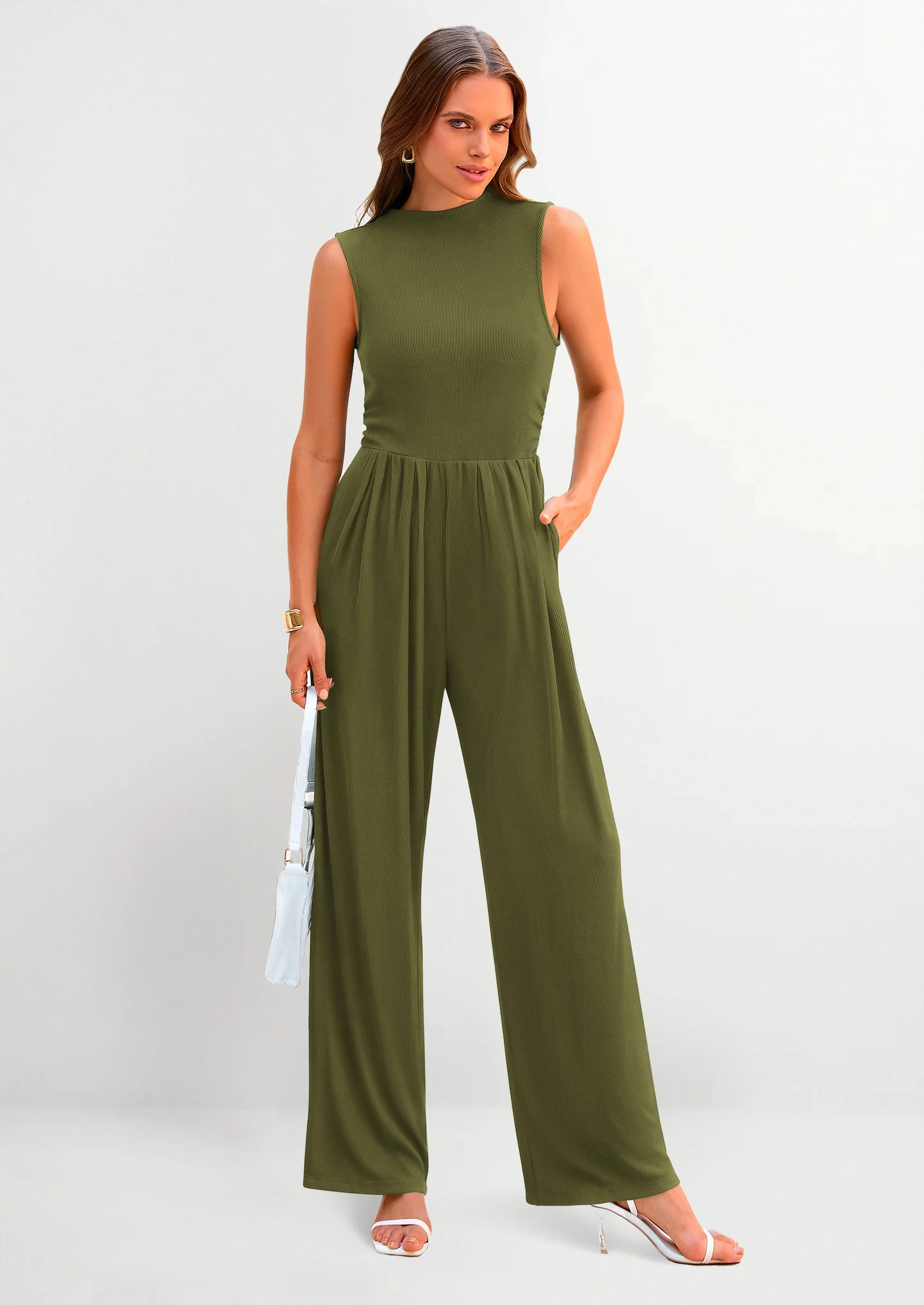 PRETTYGARDEN Womens Summer Jumpsuits Dressy Casual One Piece Outfits Sleeveless Mock Neck Wide Leg Pants Rompers with Pockets - Image 21