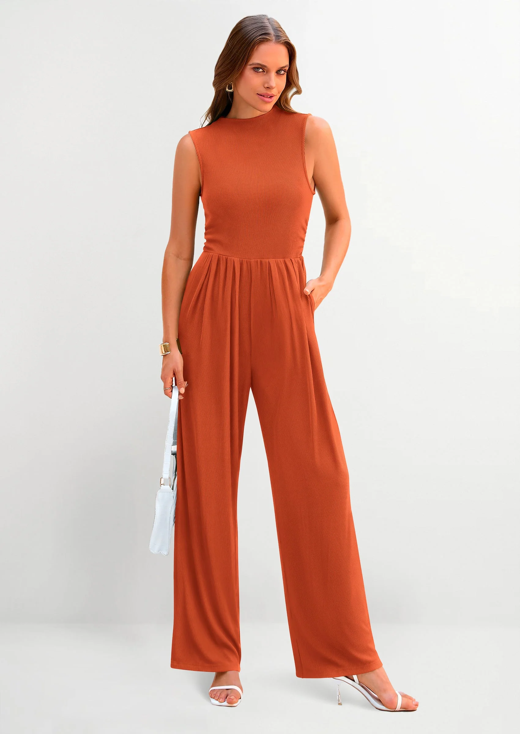 PRETTYGARDEN Womens Summer Jumpsuits Dressy Casual One Piece Outfits Sleeveless Mock Neck Wide Leg Pants Rompers with Pockets - Image 34