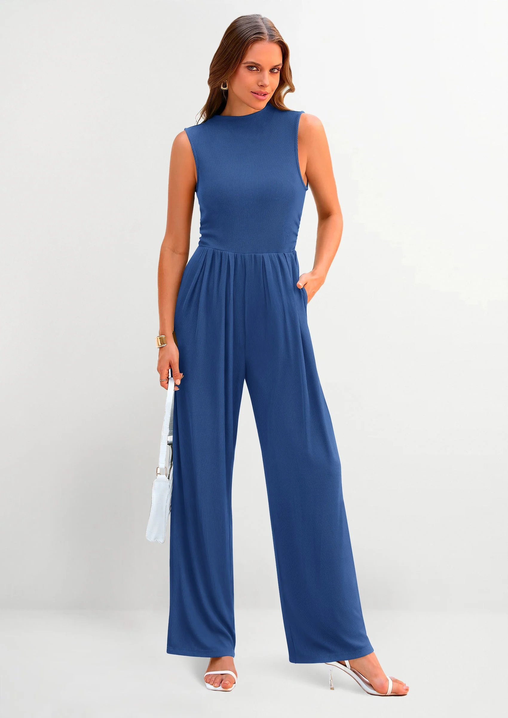 PRETTYGARDEN Womens Summer Jumpsuits Dressy Casual One Piece Outfits Sleeveless Mock Neck Wide Leg Pants Rompers with Pockets - Image 54