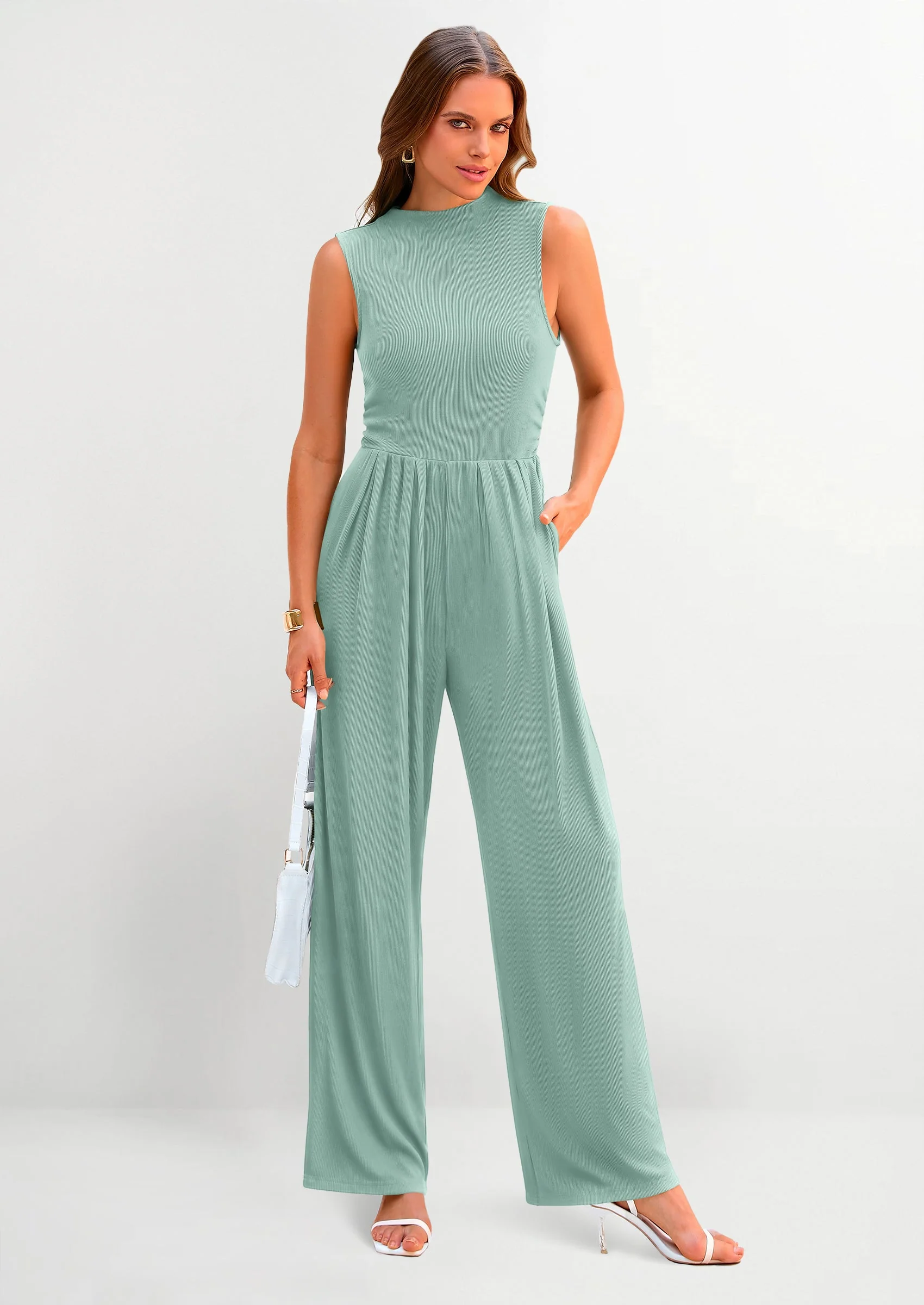 PRETTYGARDEN Womens Summer Jumpsuits Dressy Casual One Piece Outfits Sleeveless Mock Neck Wide Leg Pants Rompers with Pockets - Image 62